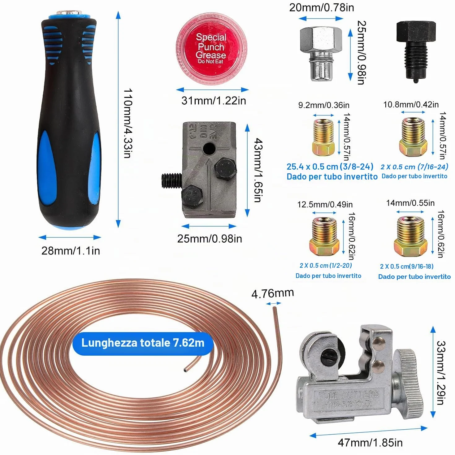 Kit Universale per Svasatura Tubi Freni 4,75 mm, Tubo Freno 4,76 mm x 7,62 m, 16 Raccordi 25FT
