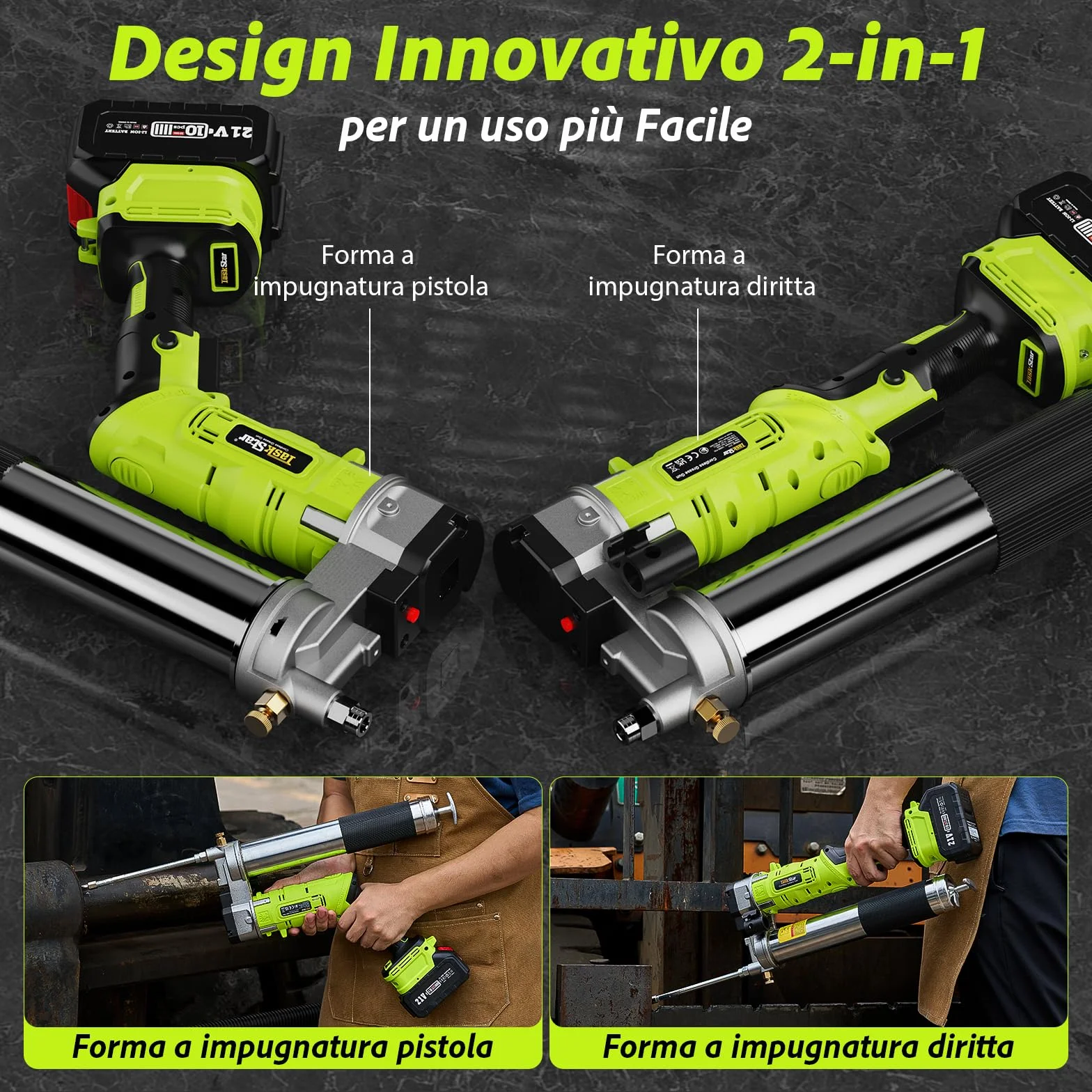 TaskStar Ingrassatore 2-in-1 con 2 Batterie da 4000 mAh, [Molto più Facile da Usare] Ingrassatore a Batteria con Adattatore per Ingrassatore a 90 Gradi, Pistola per Grasso con Luce LED Luminosa
