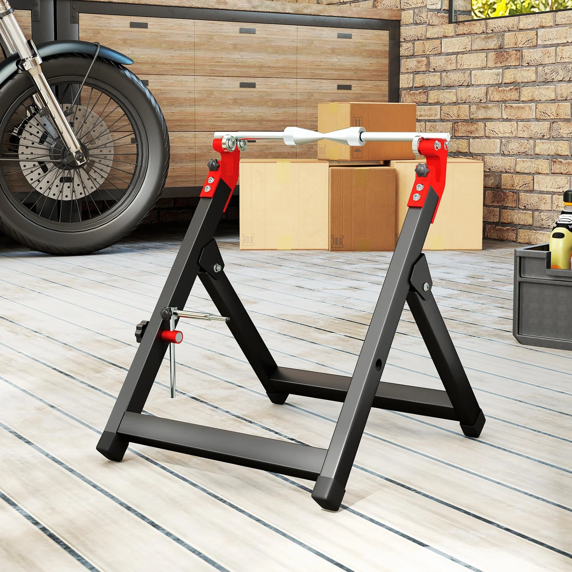 HOMCOM Bilanciatore manuale di ruote moto alluminio e acciaio bilanciamento danni ruote pieghevole con chiave a raggi, compatibile fino a 21 pollici, nero