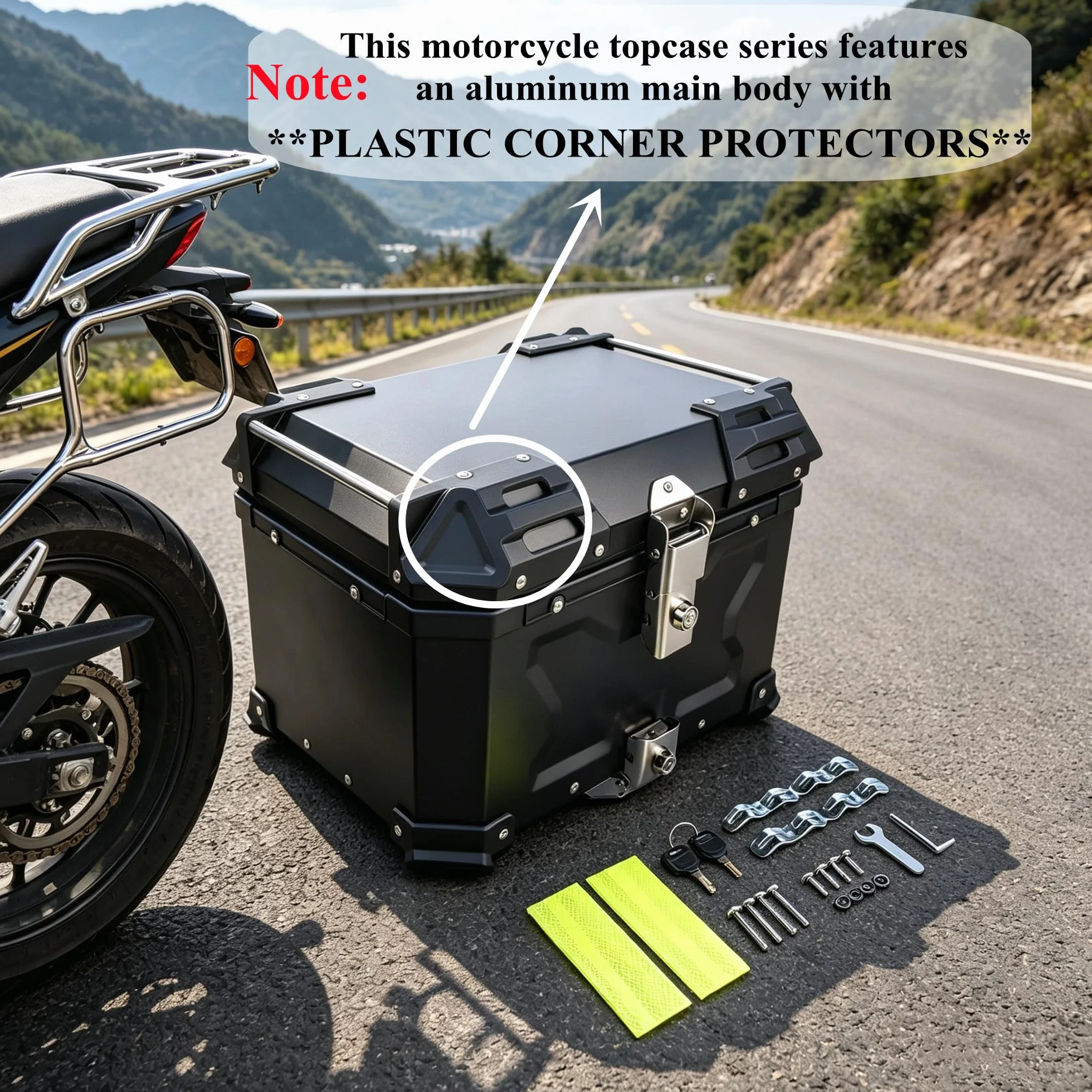 Bisenya Bauletto posteriore per moto, 55 l, in alluminio, da viaggio, con serratura di sicurezza, per casco, impermeabile, top box (nero)