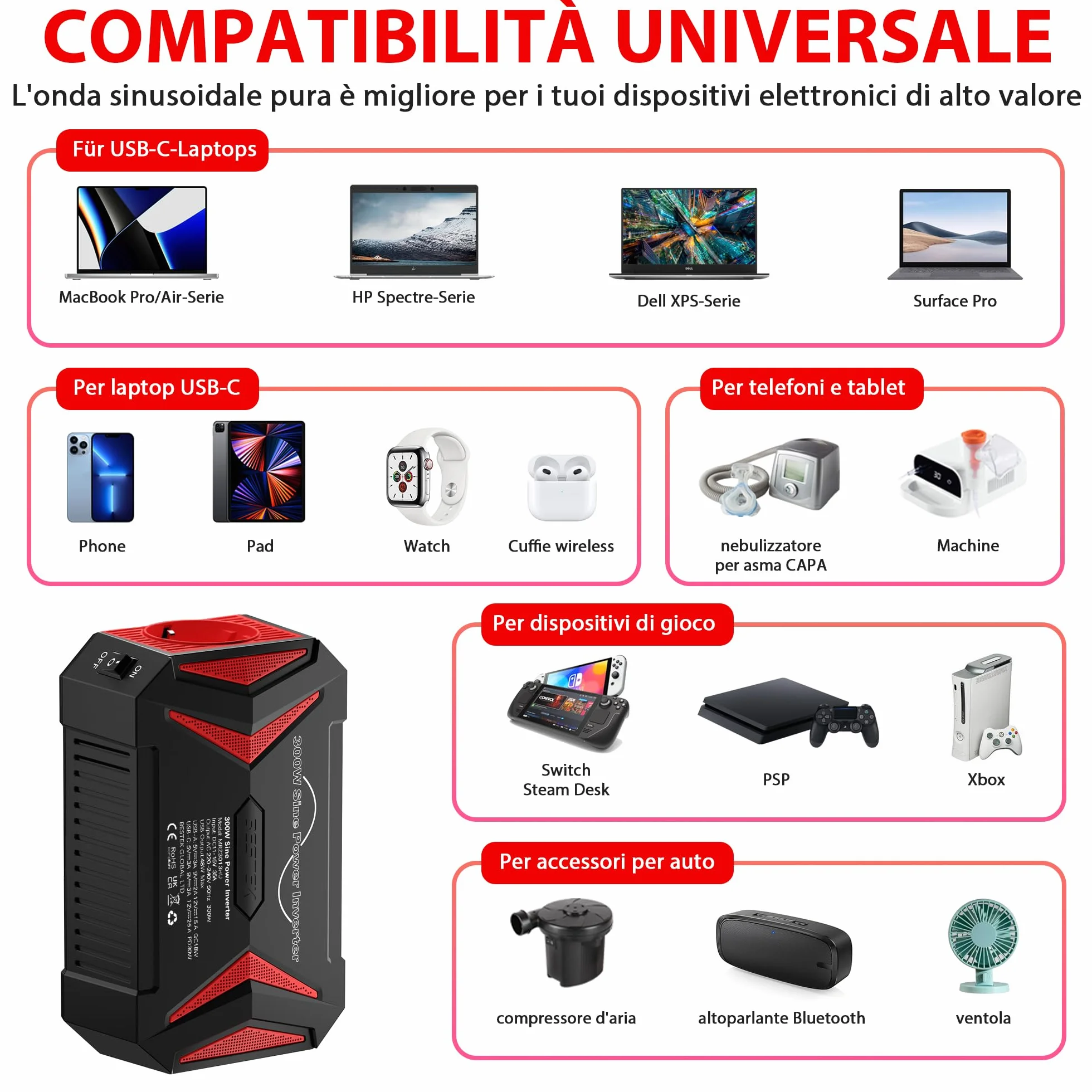BESTEK Inverter Onda Pura 300W 12V-220V z PD30W QC18W 2 USB