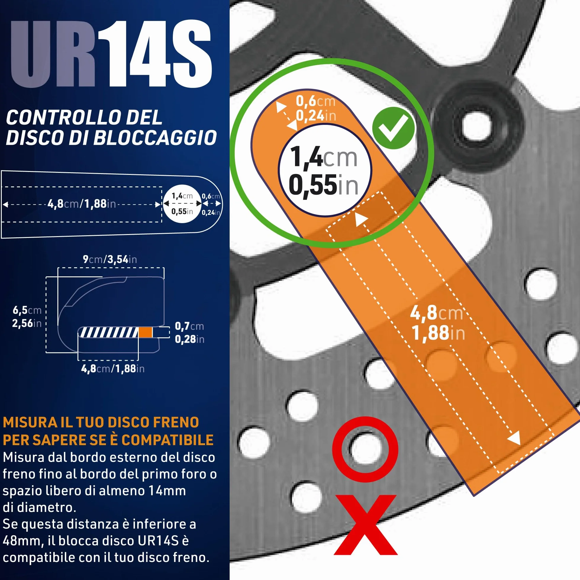 URBAN UR14S Blocca Disco per Moto Senza/Con Allarme Hi-Tech 120dB, Antifurto Moto Omologato SRA Massima Sicurezza, Warning Sensibilità A+, Acciaio Inox, Lucchetto Bloccadisco Doppio Bloccaggio 14mm