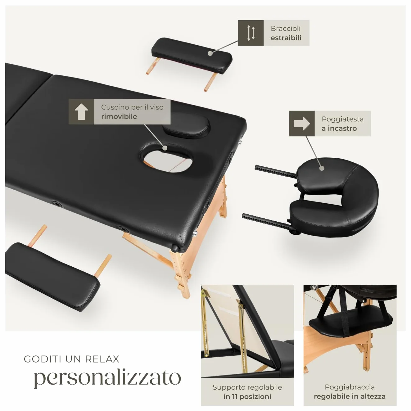 Lettino Massaggio 3 zone Pieghevole Portatile Rivestimento Vinile Idrorepellente Nero