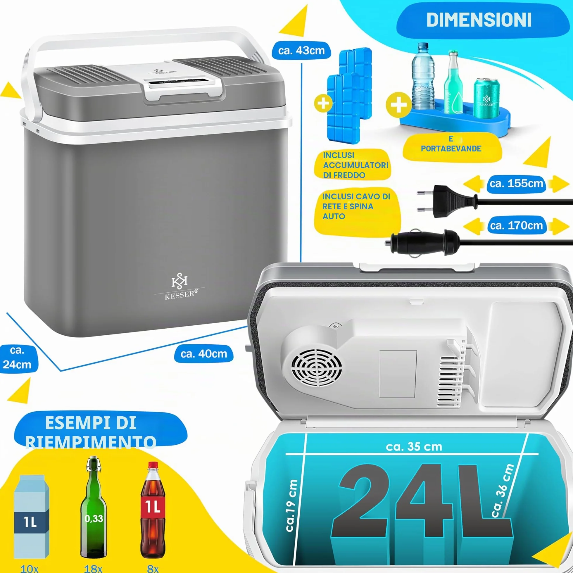 KESSER® Frigobox da 24 litri | RAFFREDDA e RISCALDA | Frigo box termoelettrico 12 volt e 230 volt con 2 batterie di raffreddamento | Mini frigo | per auto e campeggio | EEK A+++| Auto e campeggio
