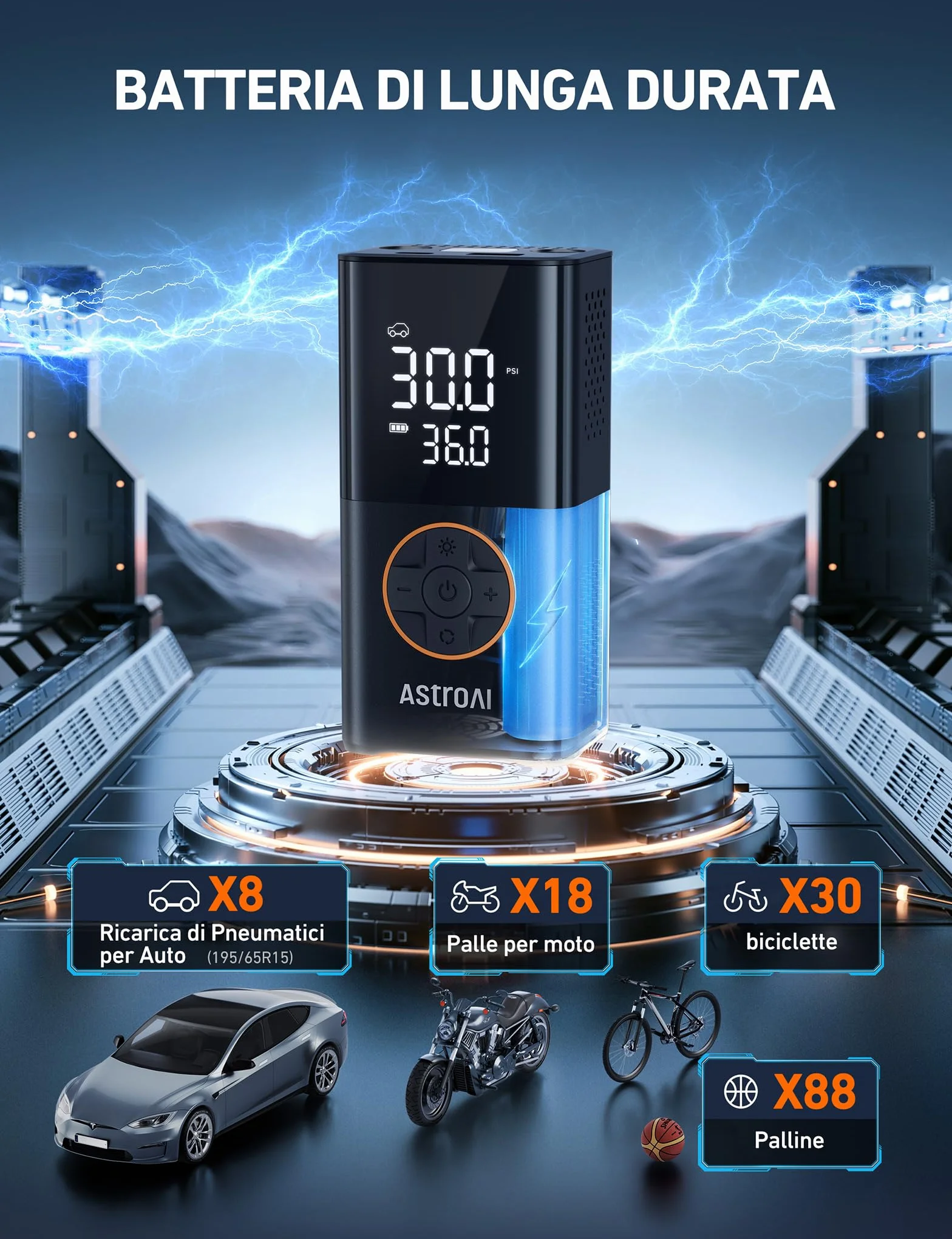 AstroAI Compressore Aria Portatile Mini Pompa d'Aria Auto con Batteria 4000 mAh LED