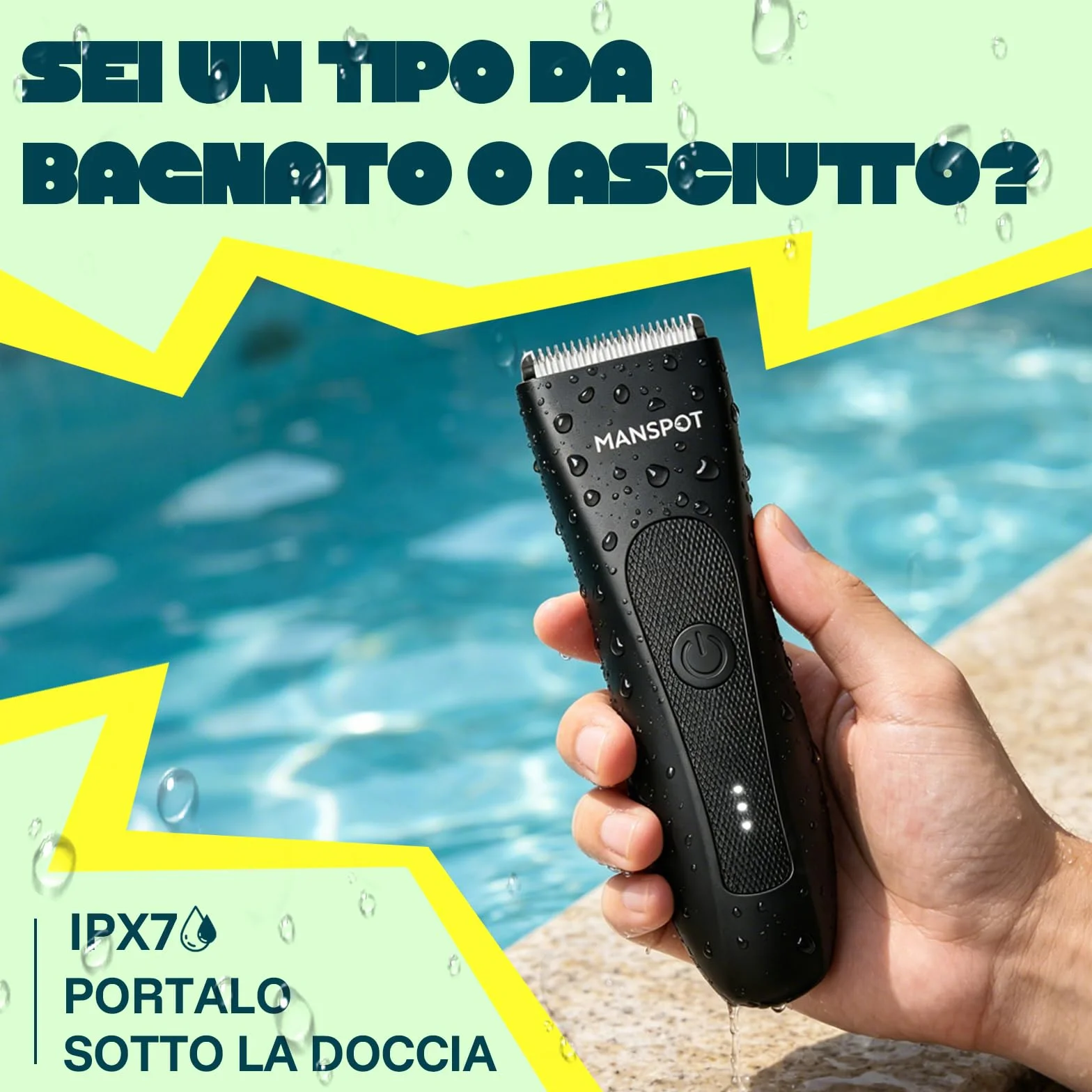 MANSPOT Rasoio Elettrico Corpo Uomo, Depilatore Corpo Lama Ceramica Impermeabile IPX7, 4 Pettini Guida