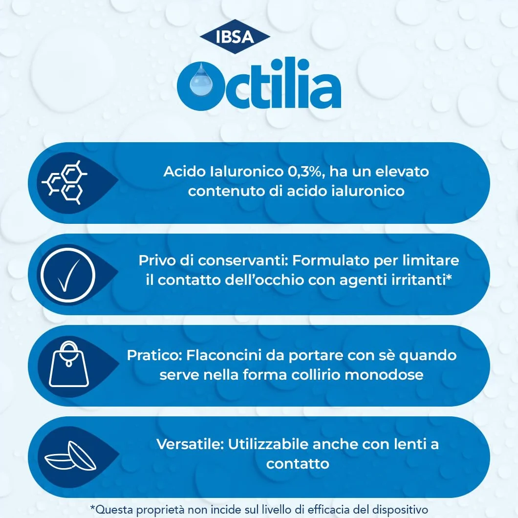 Octilia Lacrima Gocce Oculari Acido Ialuronico 0,3% 10ml Idratante Lubrificante Protettiva Lenti a Contatto