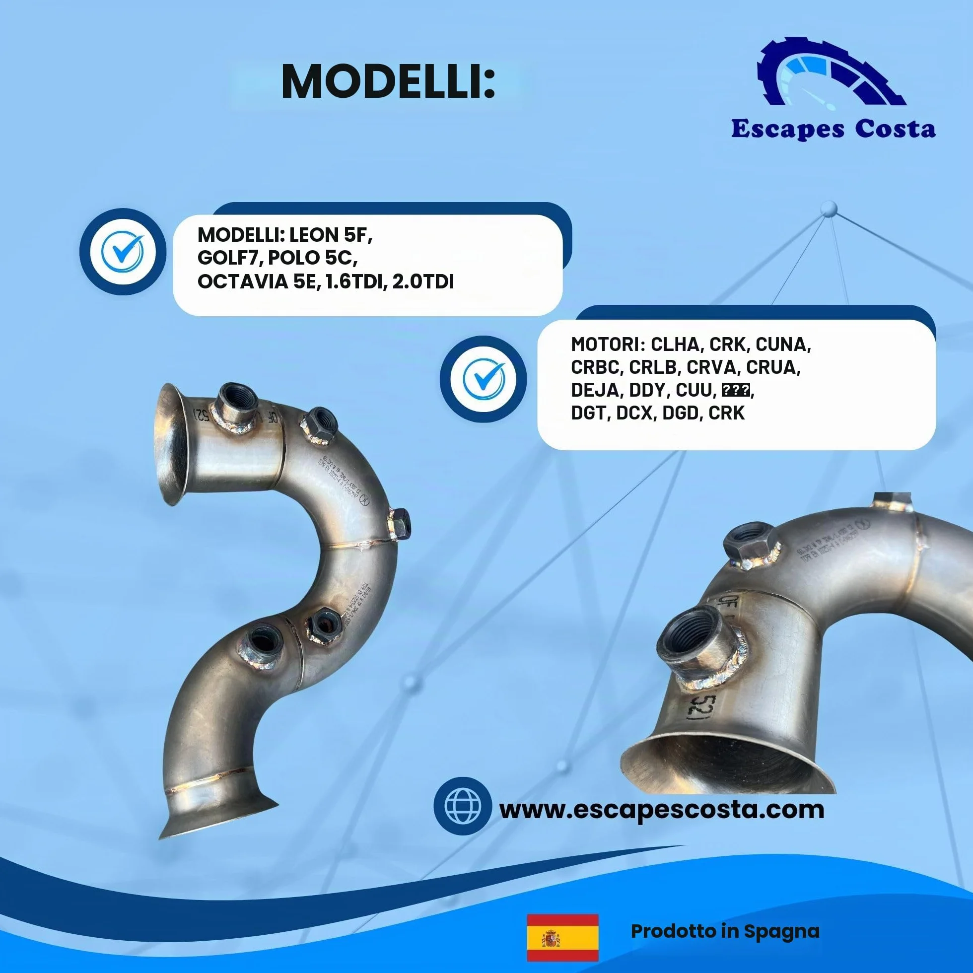 Downpipe compatibile con Leon 5F, Audi a3 8V, Golf 7 - Downpipe 60 mm Acciaio Inox 304 - Motori 1.6 TDI, 2.0 TDI - Include tappo Egr