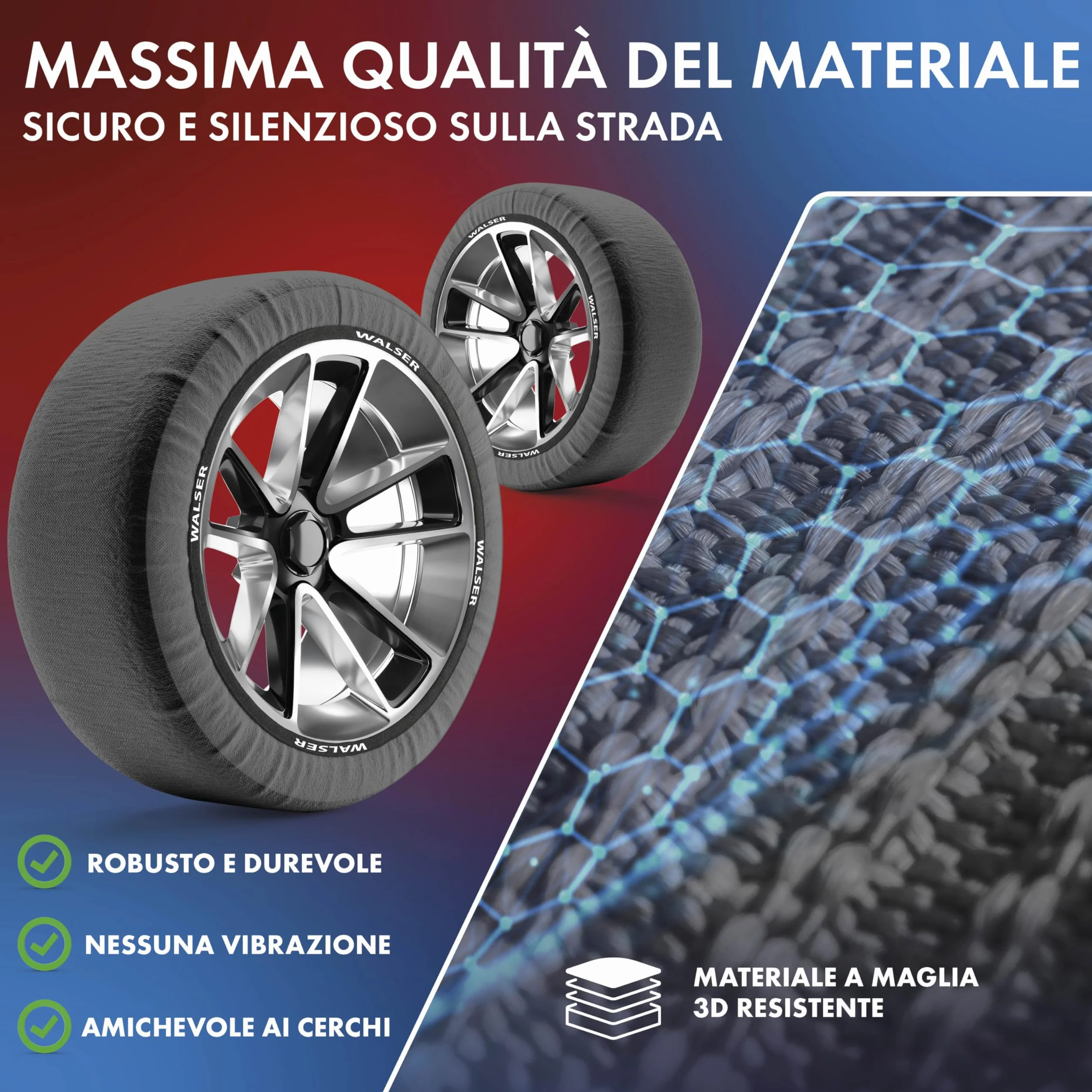 WALSER Premium Calze da Neve Omologate Italia EN 16662-1, Set di 2 Catene Invernali per Auto Grigio/Nero, Snow Sock R13-R22 XL