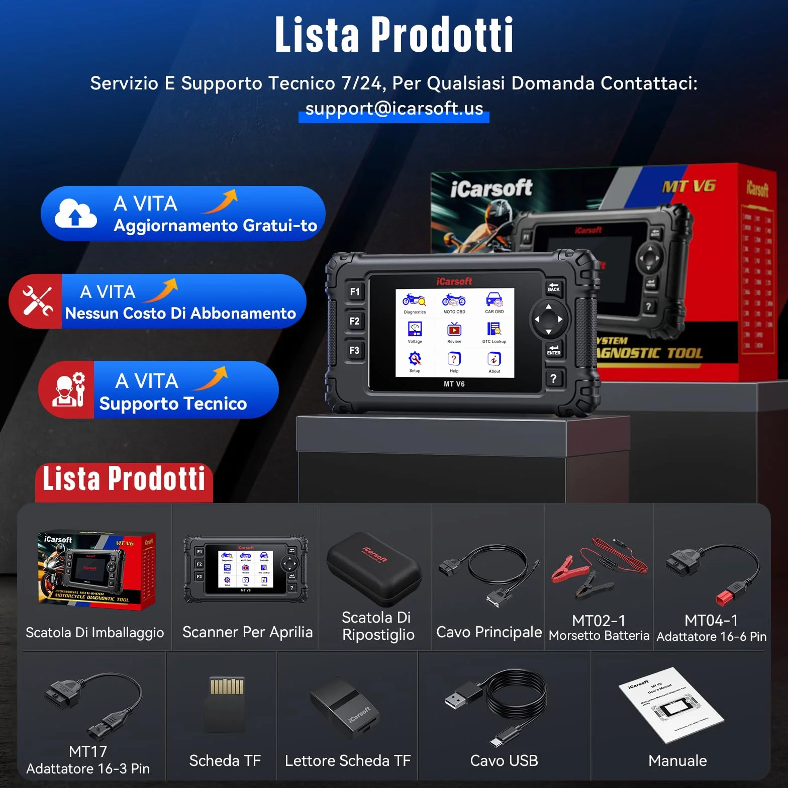 iCarsoft MT V6 Diagnostico per moto Aprilia, 88 servizi di manutenzione, 123 test bidirezionali