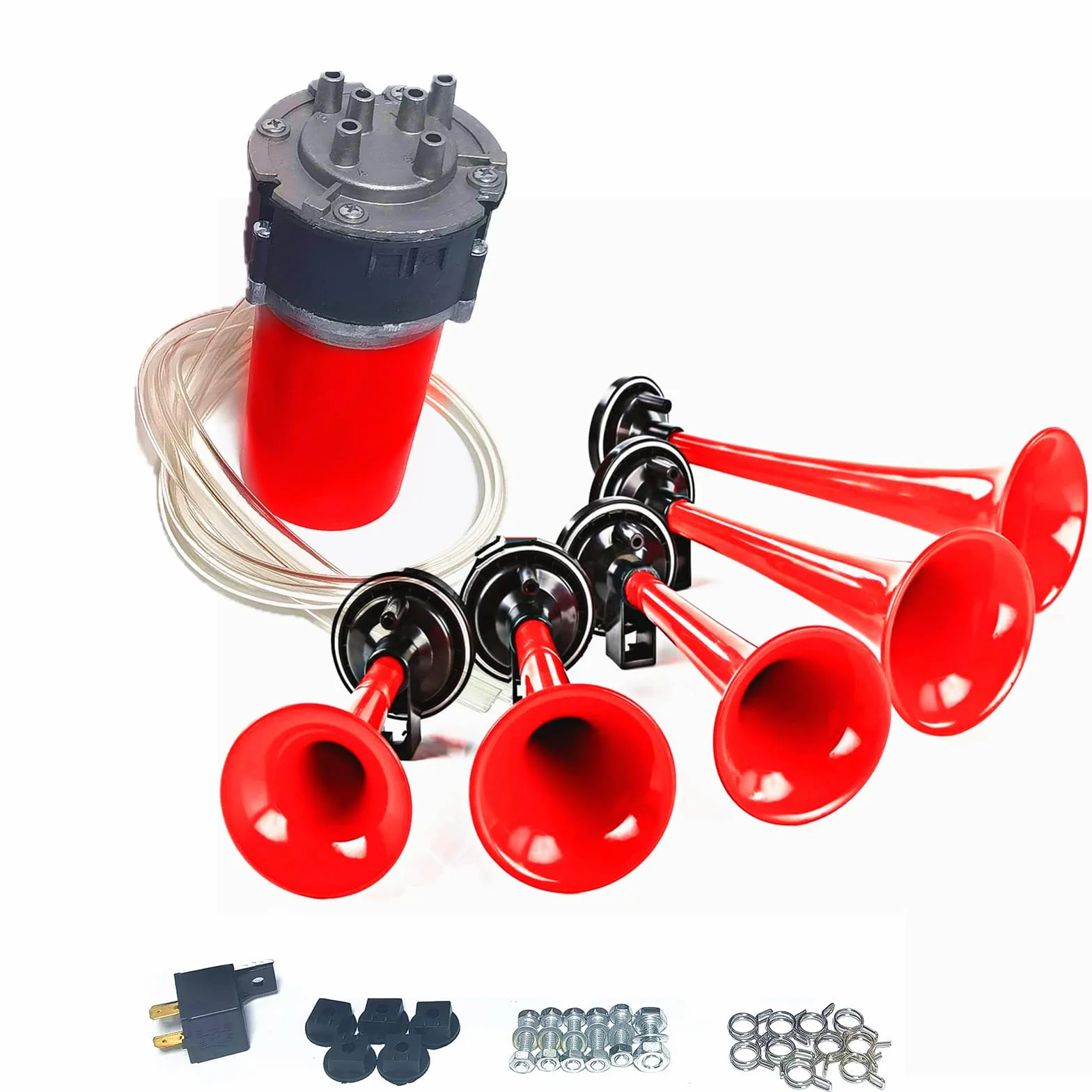 Clacson per auto Clacson Car Horn 12V Clacson per nave Tromba a cinque tubi Dixie 160db Tromba d'aria rossa Tromba per camion con altoparlante della pompa dell'aria per 12V auto camion SUV ecc