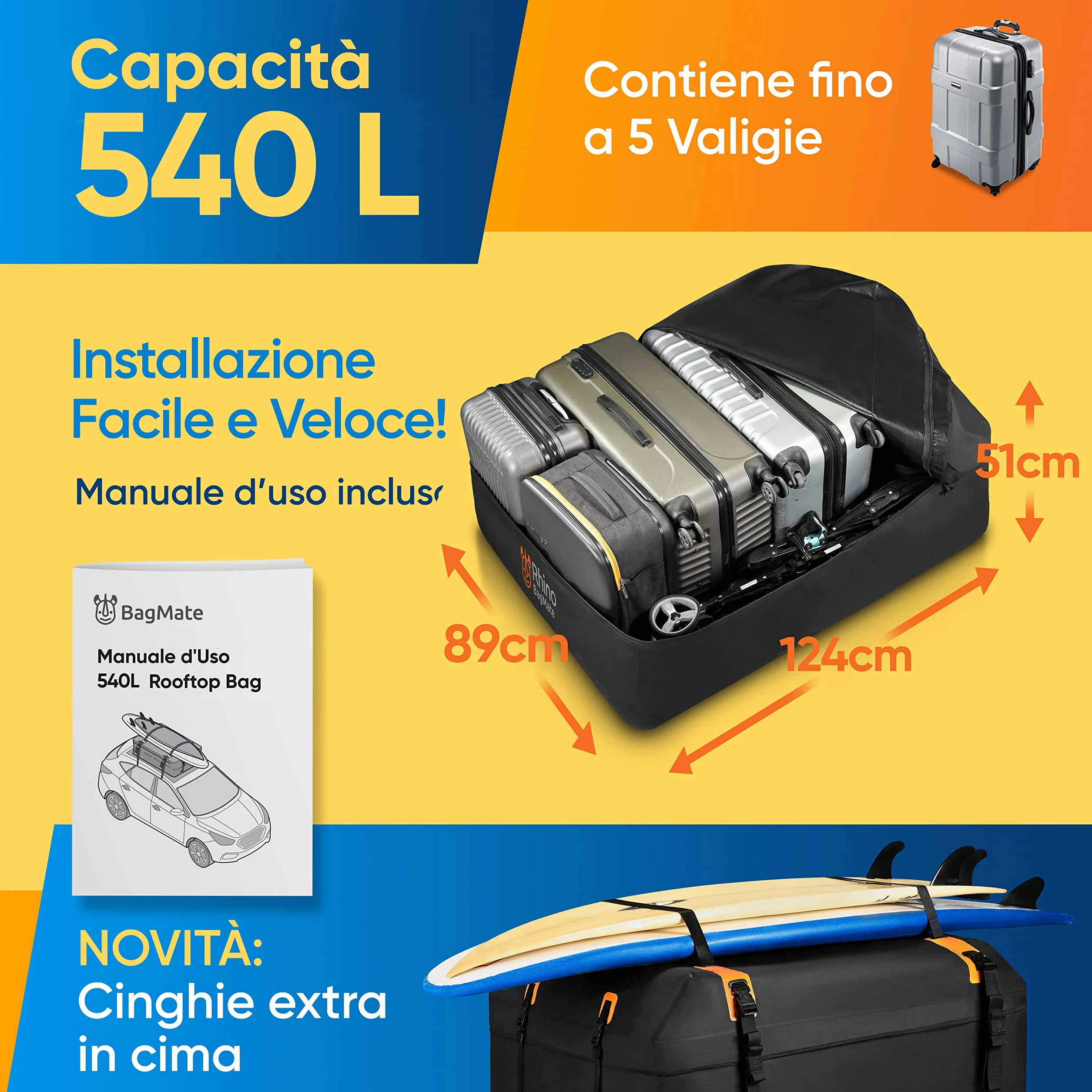 Rhino Bagmate Borsa Da Tetto, Universale Per Auto Con Tetto, Box Morbido 100% Impermeabile Con Protezione Uv, Molto Resistente E Sicuro Per Auto Con O Senza Portapacchi (540 L (19 Cu. Ft))