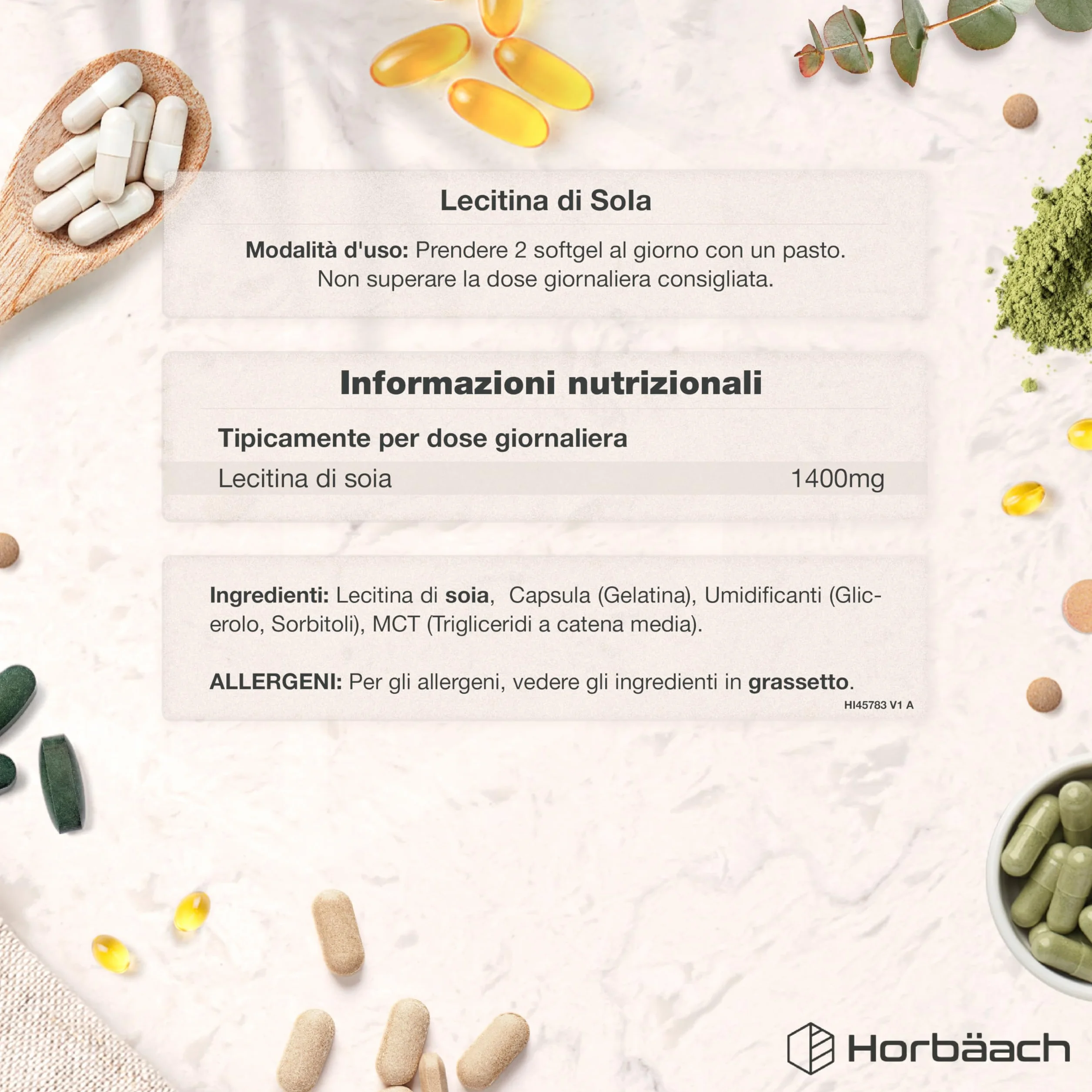 Lecitina di Soia Capsule 1400 mg 90 Capsule Molli Integratore Alimentare Horbaach