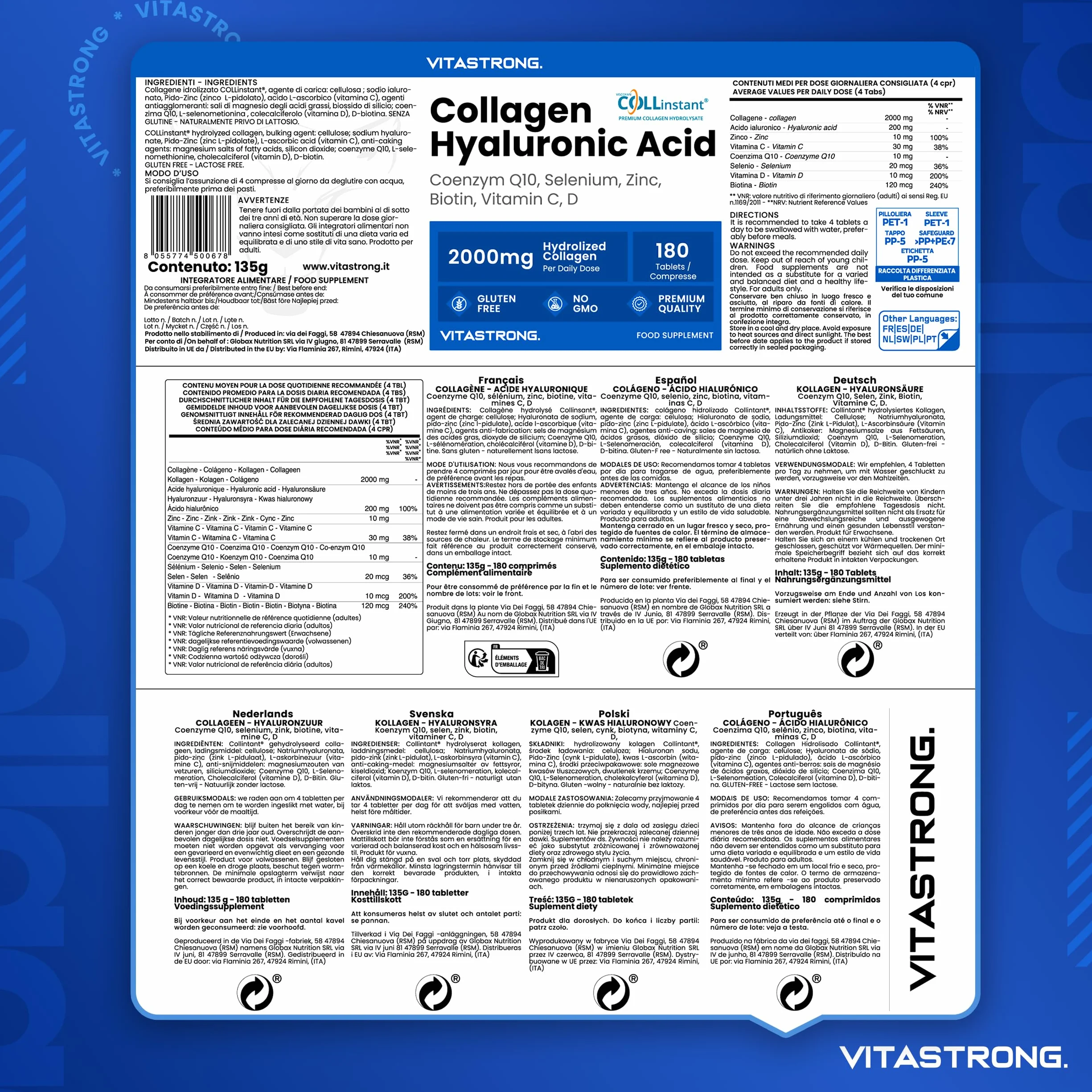 Vitastrong COLLAGENE IDROLIZZATO 2000MG Collinstant Collagene e Acido Ialuronico con Biotina, Coenzima Q10, Zinco, Selenio, Vitamina C, Vitamina D