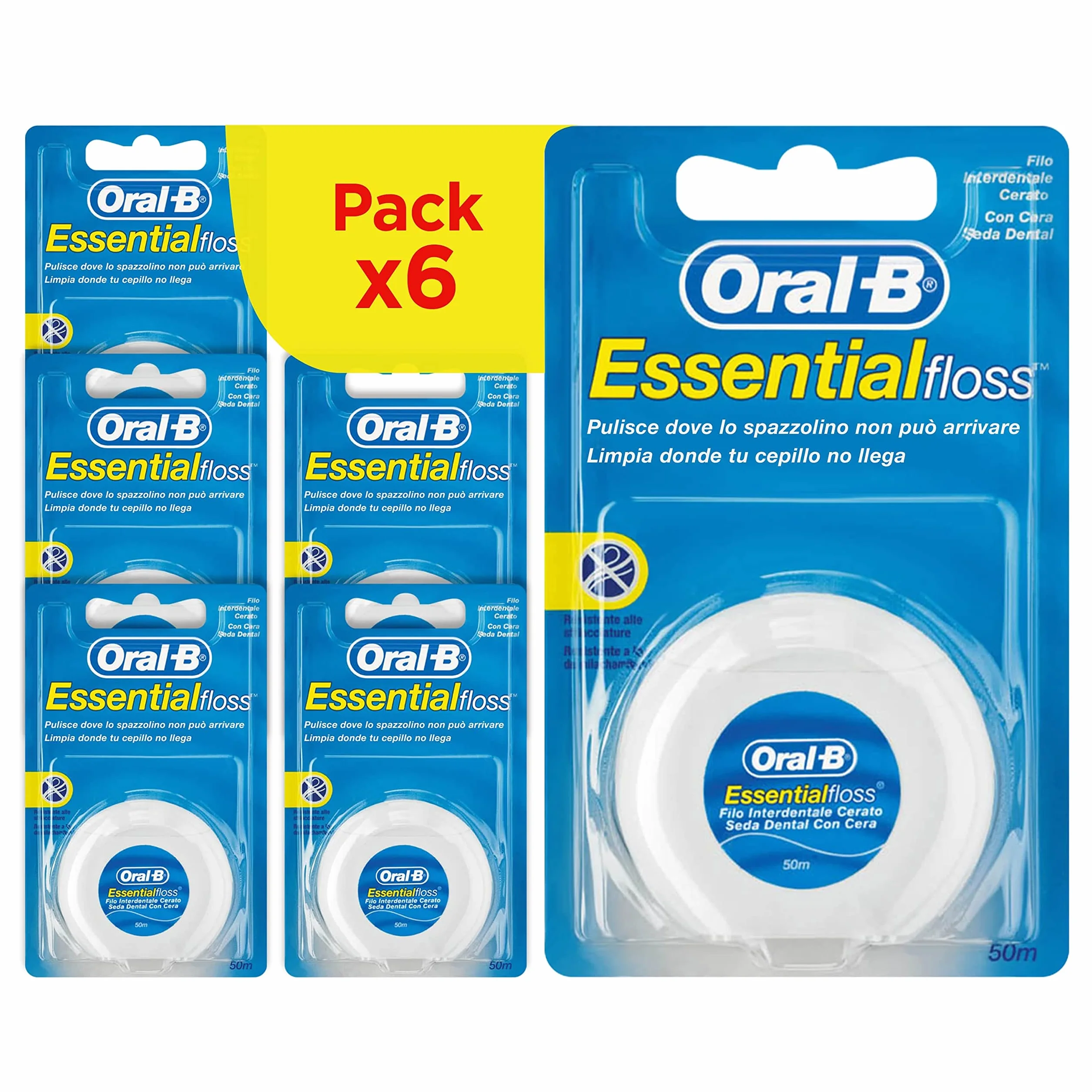 Oral-B Filo Interdentale Cerato Essentialfloss Menta 50m 6 Confezioni Resistente a Strappi