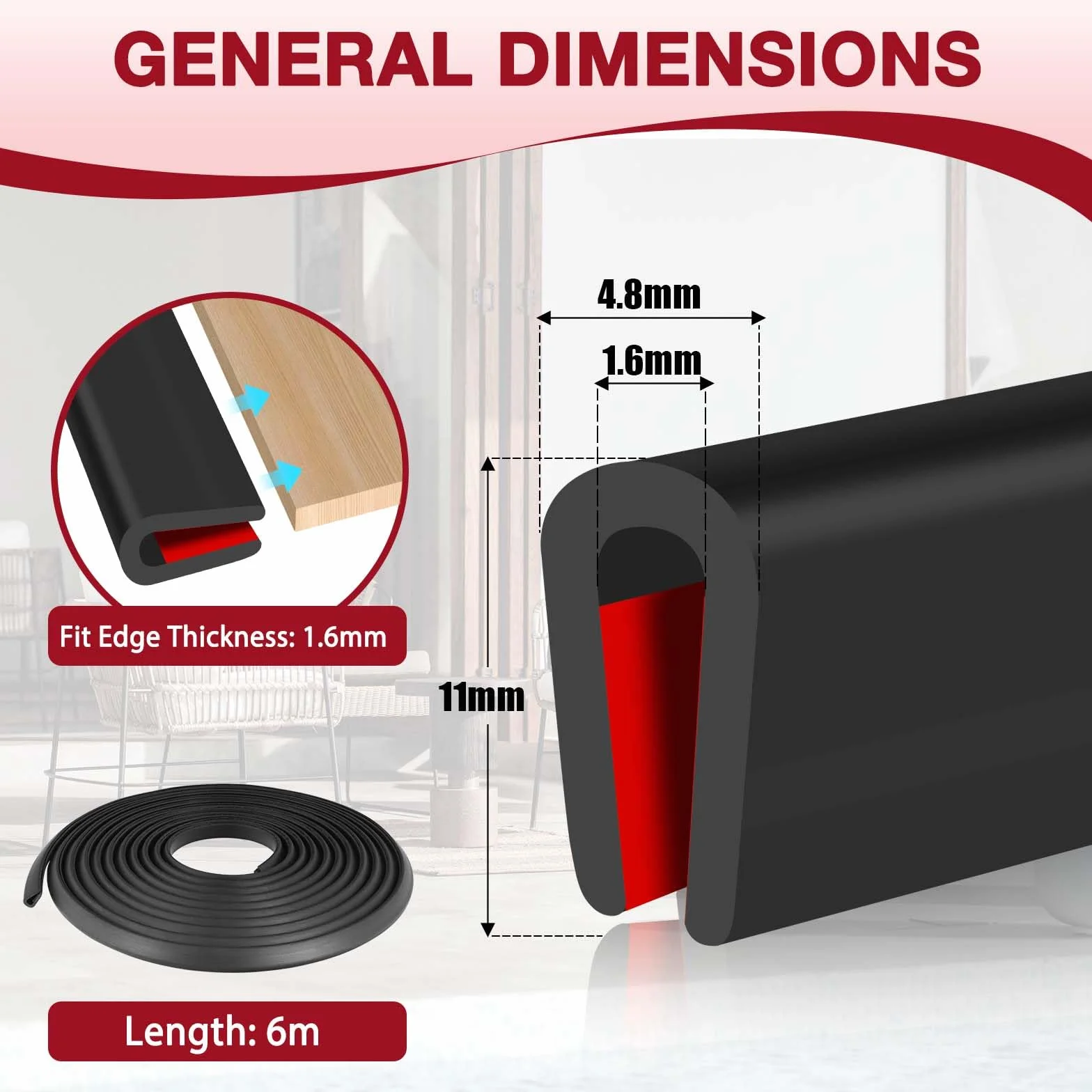 Profilo in gomma per bordi adesivo profilo di protezione dei bordi EPDM guarnizione a U per porte auto lamiera pannelli di metallo (1,6mm×6m)