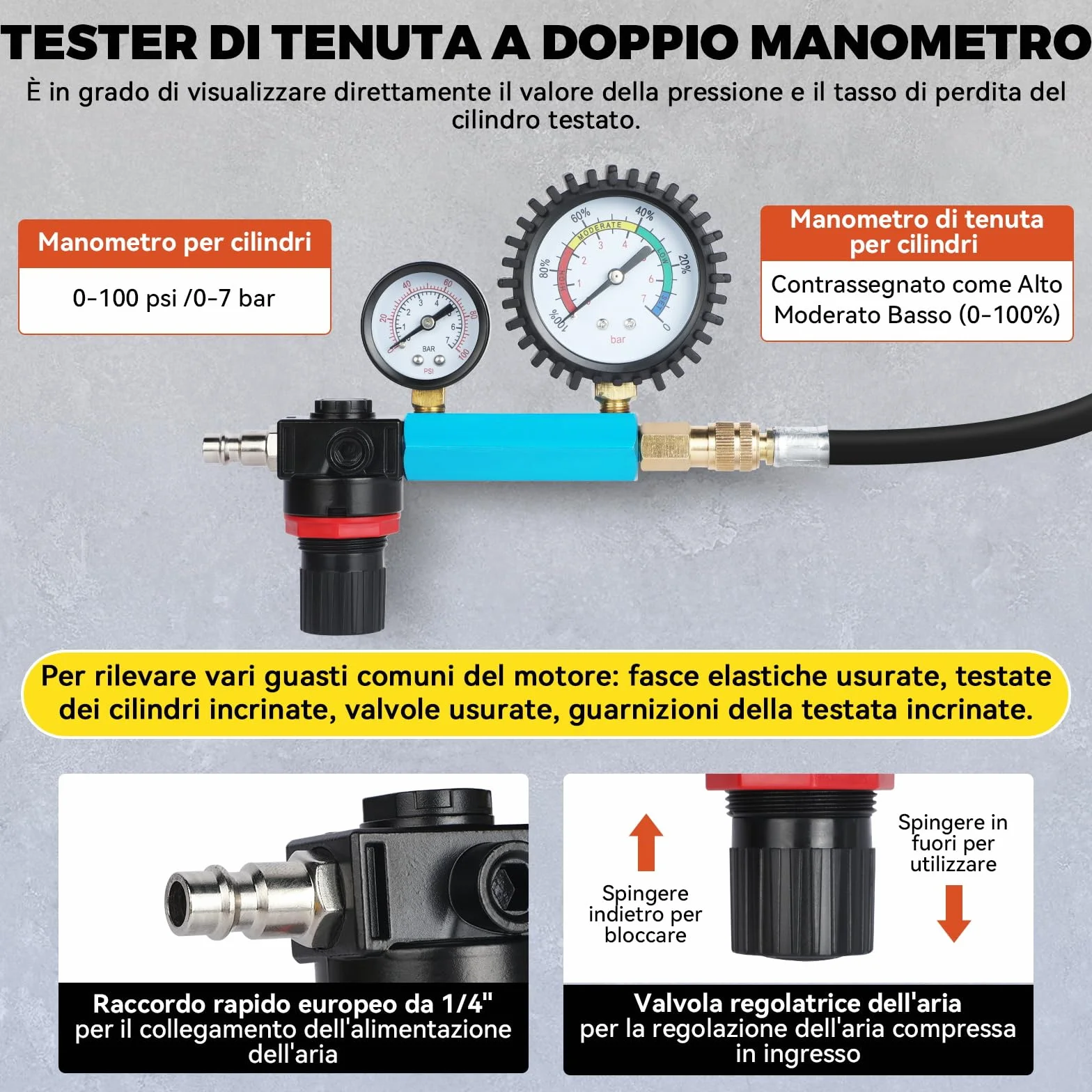 Set di 46 Tester di Compressione Professionale per Auto, Tester di Perdita di Pressione per Motori Diesel e Benzina con Adattatore per Auto, Camion, Moto