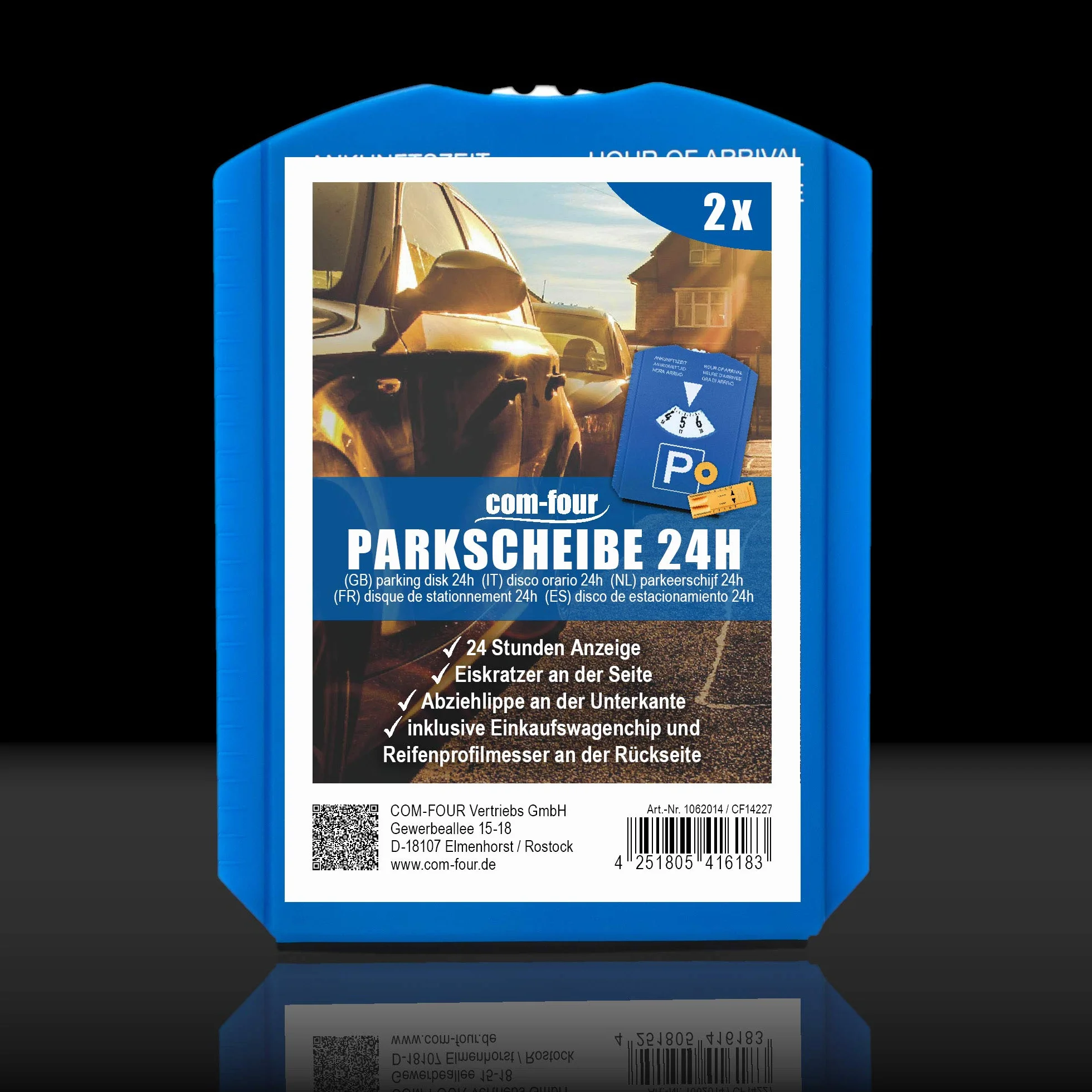com-four® 2X Disco di Parcheggio con Raschia-Ghiaccio, Labbro di Gomma, Chip Carrello Spesa e Misuratore Battistrada - Parchimetro in Plastica (02 Pezzi)