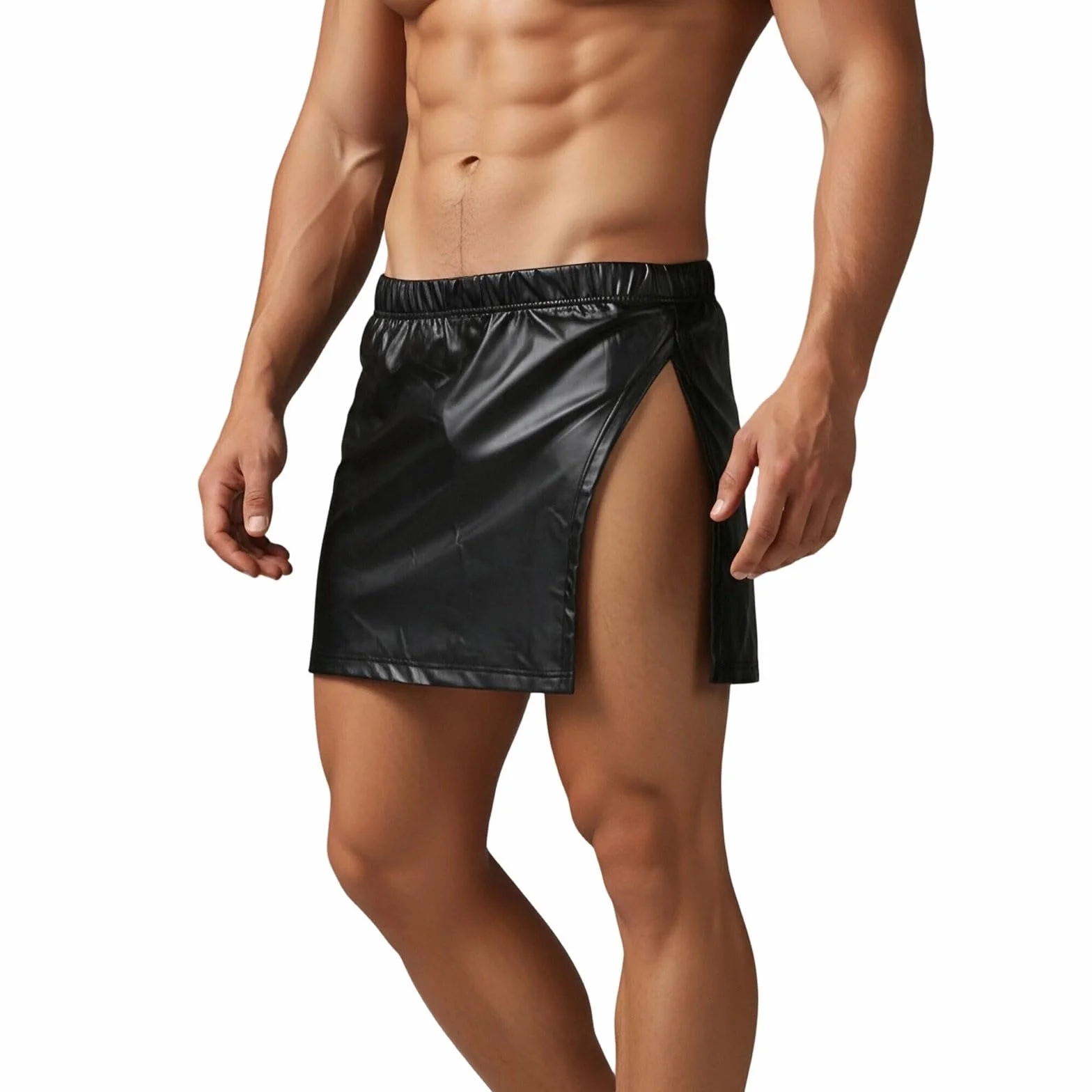 Gonna uomo pelle sintetica spacco laterale aderente vita bassa elastica sexy San Valentino