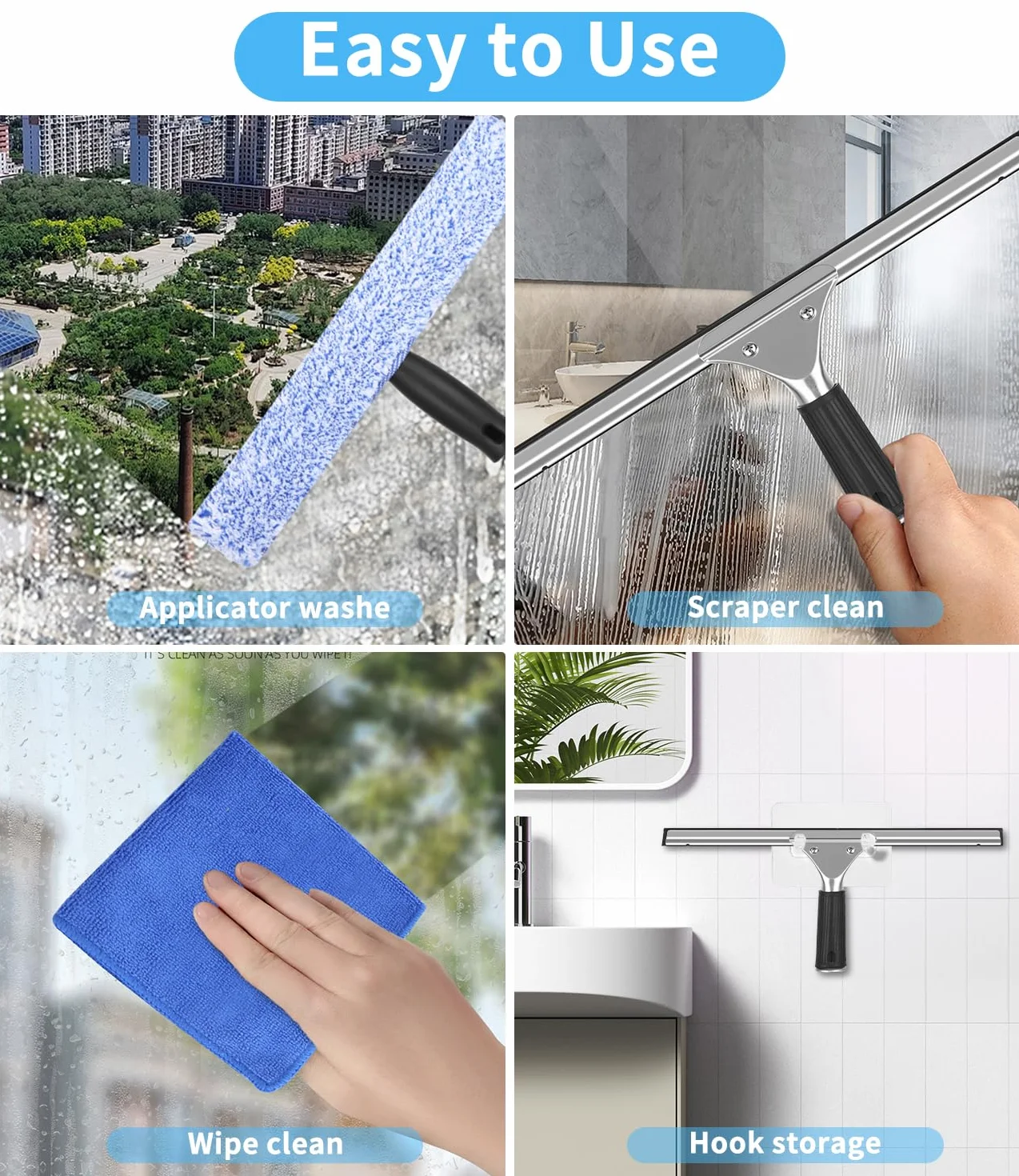 Kit Lavavetri Professionale 8 Pezzi, 35cm Tergivetro Acciaio Inox e Silicone, Pulizia Finestre con Ganci