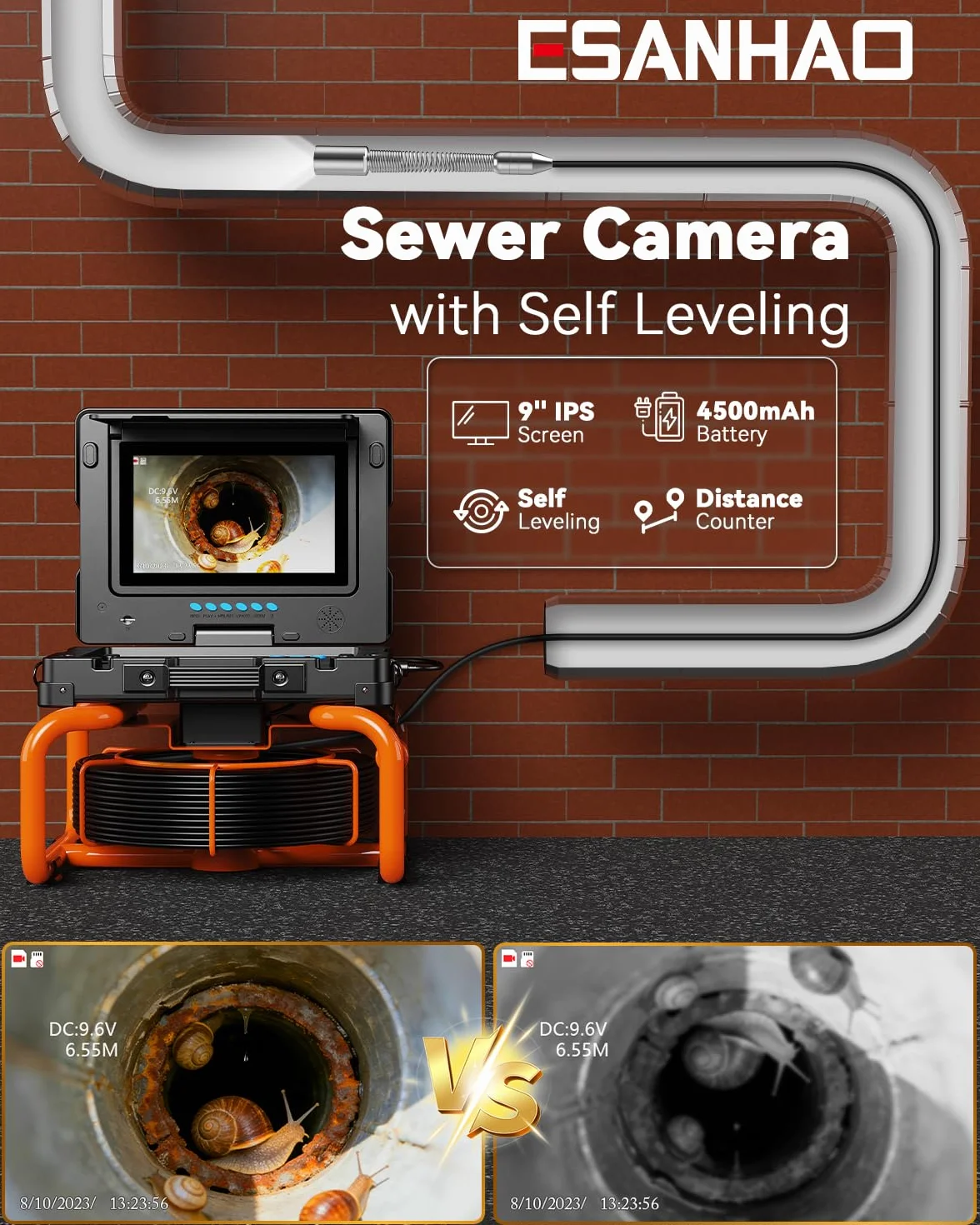 Telecamera Ispezione Tubazioni 9'' HD 1080P Endoscopio con Schermo IPS, Autolivellante, Contatore Distanza, 32 GB