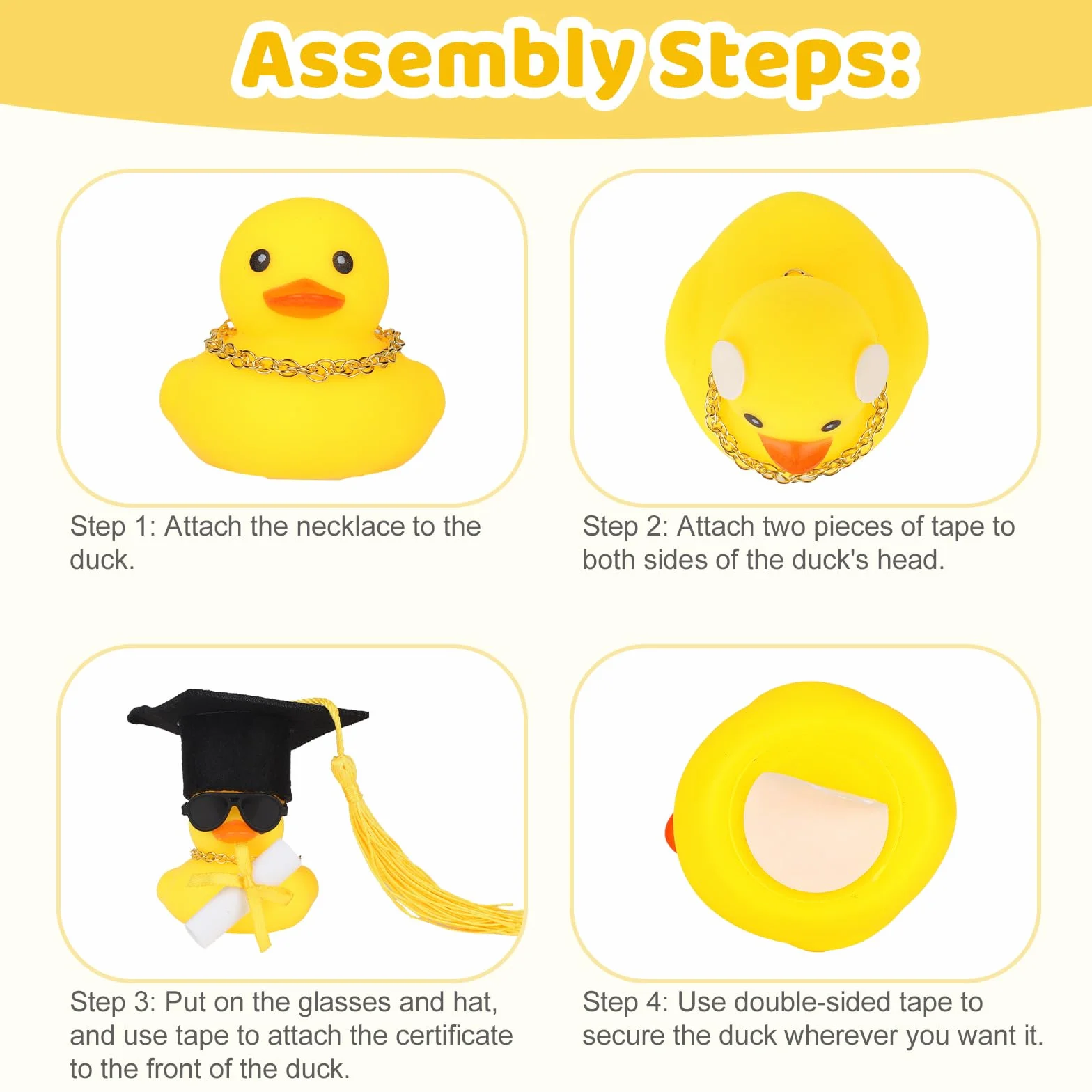 2pz Decorazione Cruscotto Auto a Forma di Paperella Gomma per Laurea, Mini Cappello da Diplomi Collana e Occhiali Sole Grazioso Ornamento di Paperella per Laureati Magistrali e Dottorandi (Giallo)