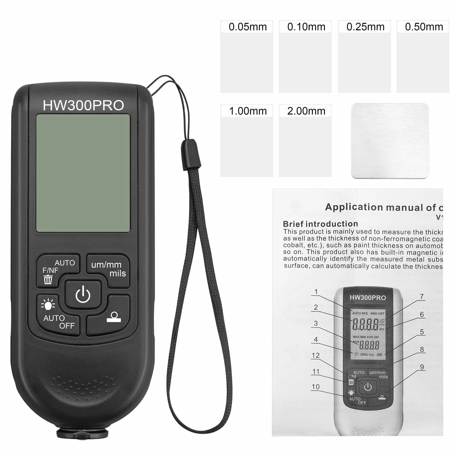 Spessimetro Vernice Auto 0-2000um, Misuratore Spessore Coating per Metalli FE/NFE, 3 Unità μm/mm/mil, Display Retroilluminato, 50 Dati, Alta Precisione per Auto Industria Officina
