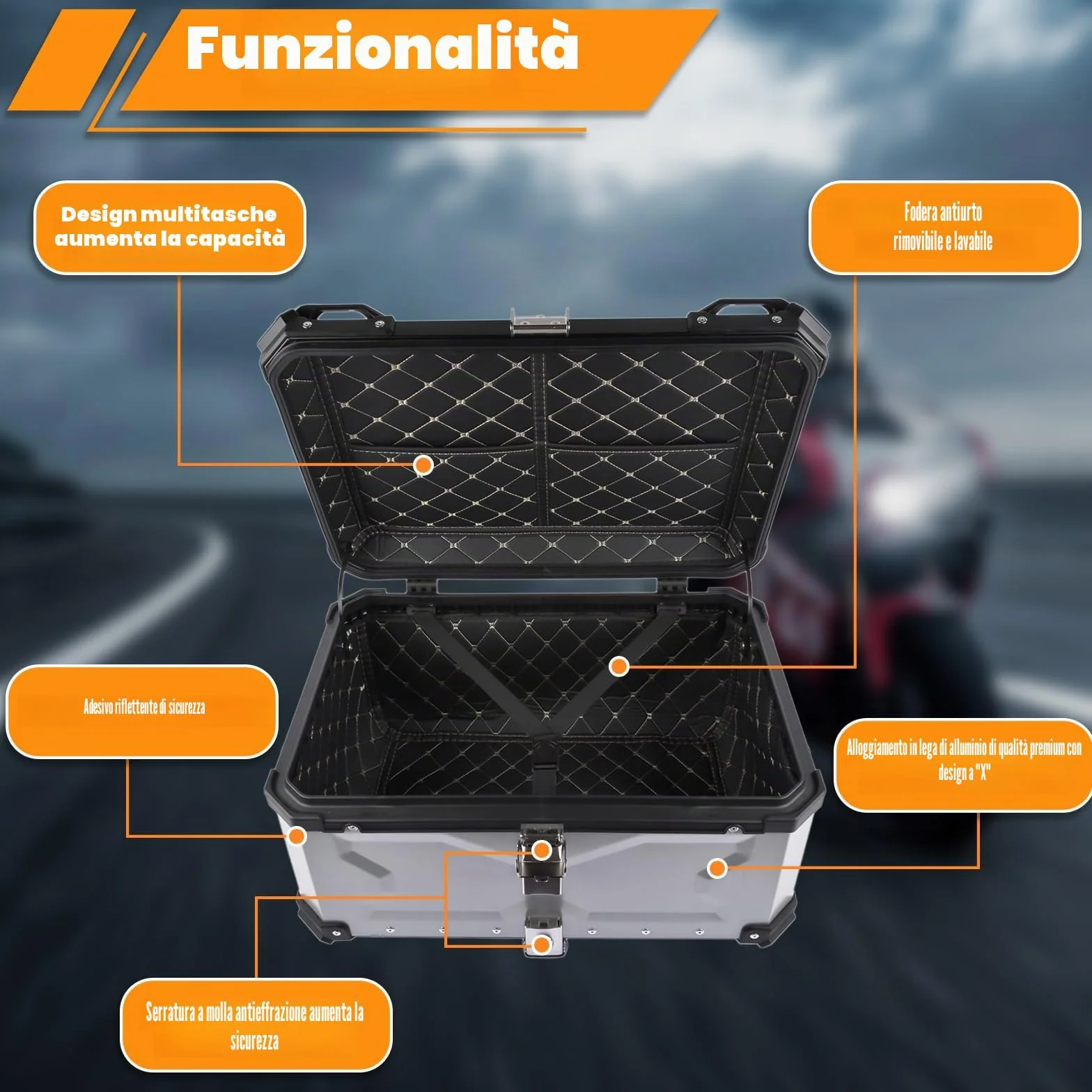 65L Bauletto moto, impermeabile bauletto alluminio, box bagagli per moto con serratura di sicurezza per conservazione 2 casco, Argento