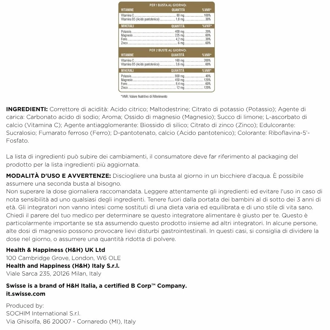 Swisse Magnesio e Potassio FORTE Integratore Potassio Magnesio Polvere 24 Bustine Limone Made in Italy