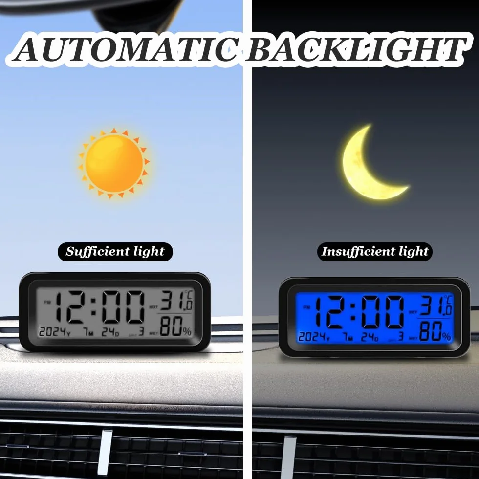 Mini Orologio Digitale da Auto Solare Cruscotto 8x3x3.5 cm Display LCD Temperatura