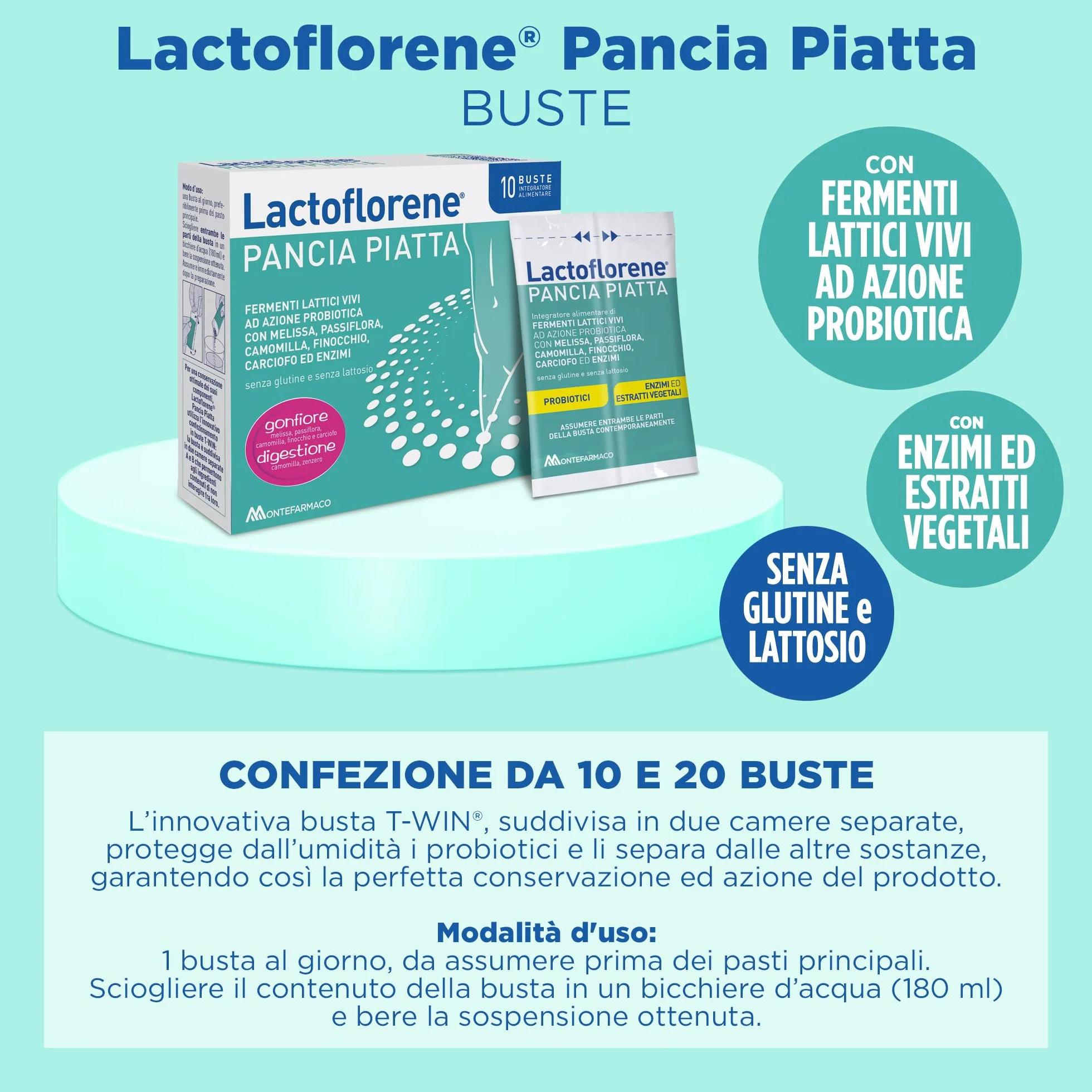 Lactoflorene Pancia Piatta Fermenti Lattici Probiotici Senza Glutine Senza Lattosio Integratore 20 Bustine