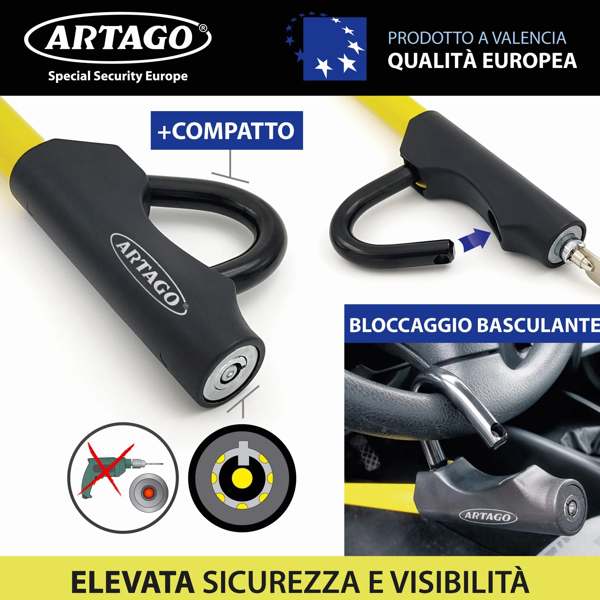 ARTAGO 871 Antifurto Auto Blocca Sterzo Meccanico Universale per Auto Camper