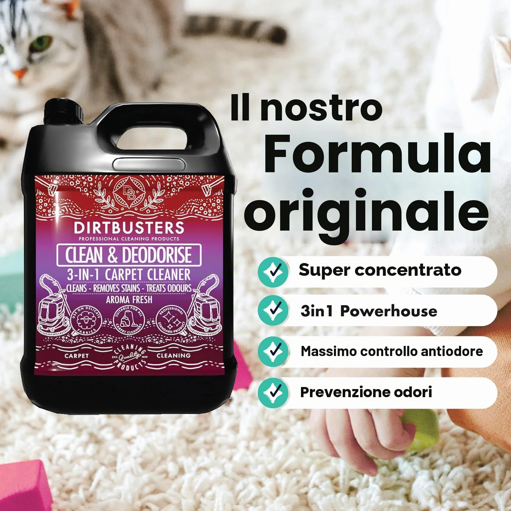 Dirtbusters Clean & Deodorise, prodotto per la pulizia di tappeti e tappezzeria, 3-in-1 concentrato