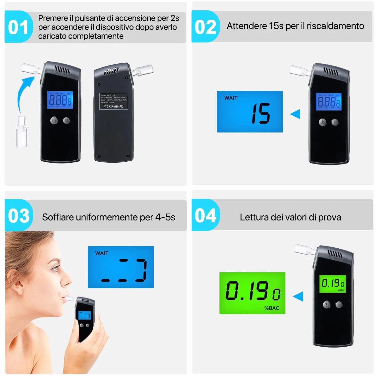 Etilometro Portatile Certificato YoSuDa USB Ricaricabile con 10 Bocchini