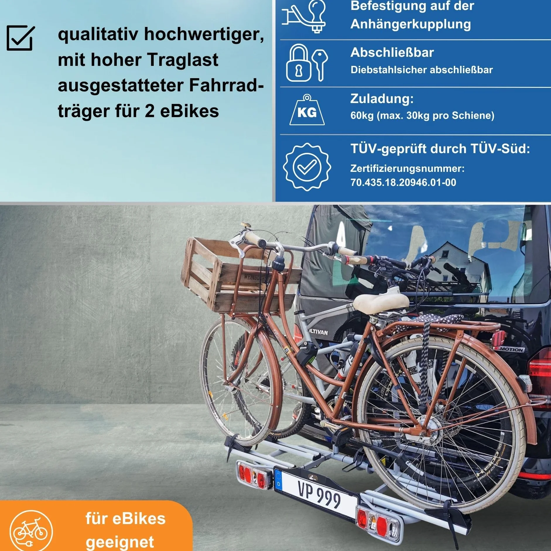 eBike VDP-TB011 Portabici Elettrica Pieghevole Gancio Traino Quick Lock