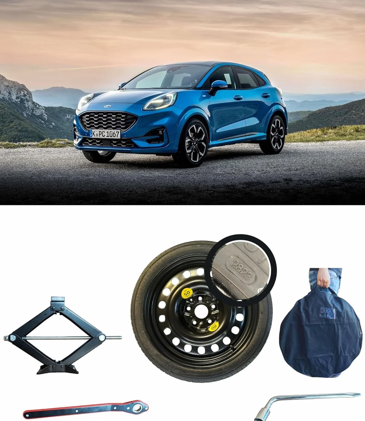 Kit Ruotino di Scorta 17" compatibile Ford Puma con Cric, Chiave e Sacca