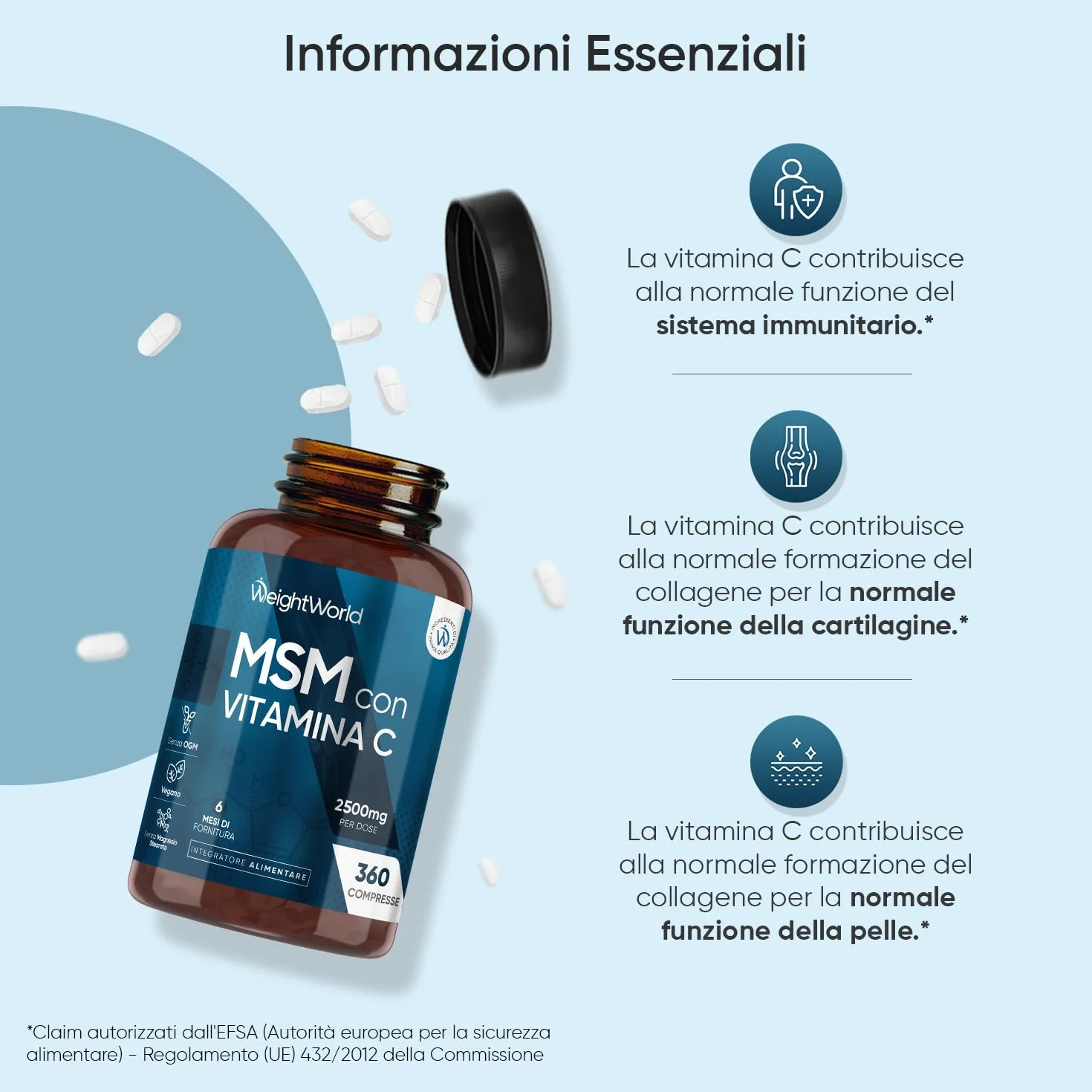 MSM Integratore 2500mg 360 Compresse Vitamina C Metilsulfonilmetano Vegano Senza Glutine