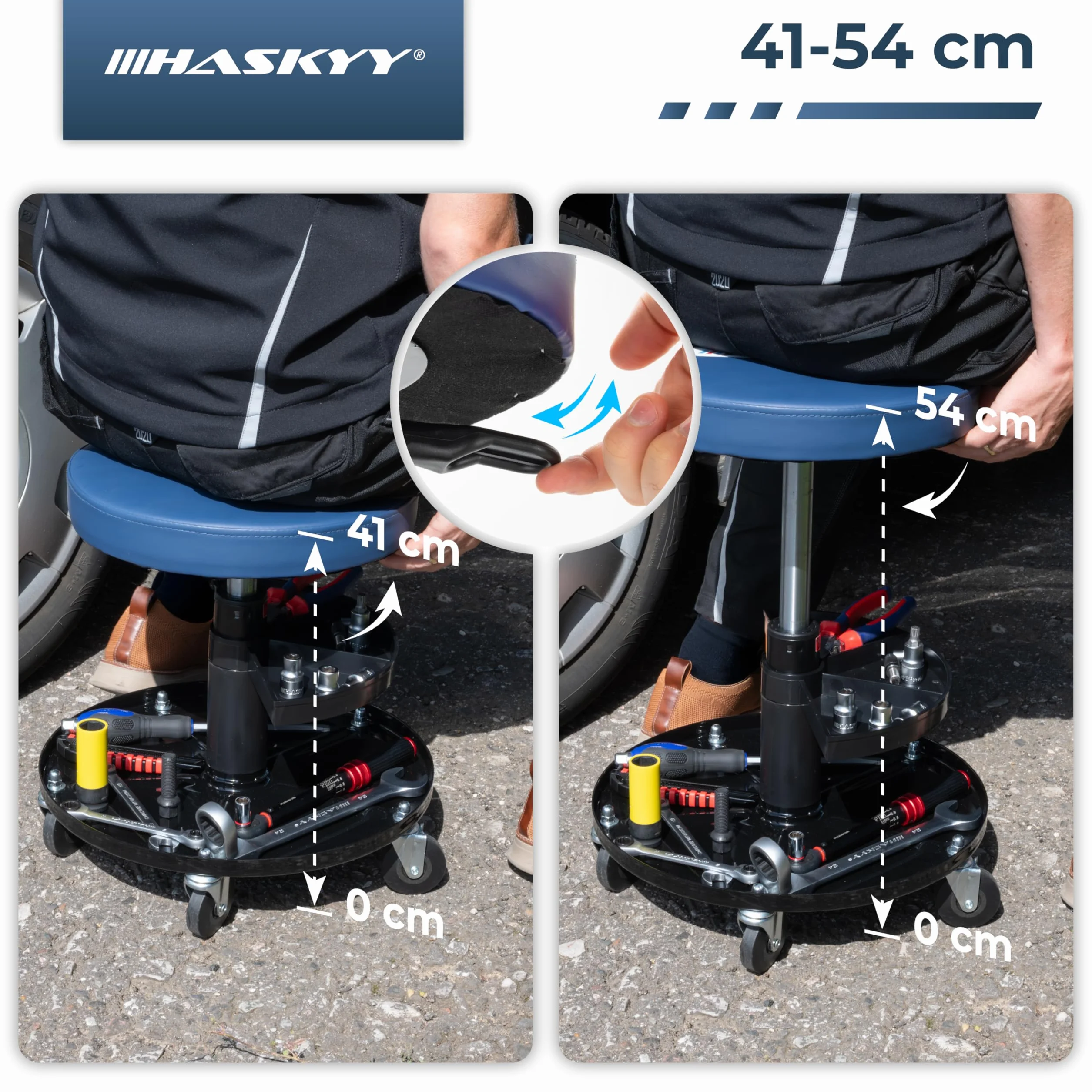 HASKYY Sgabello da officina BLU 5 ruote 2 ripiani altezza regolabile 410-540mm