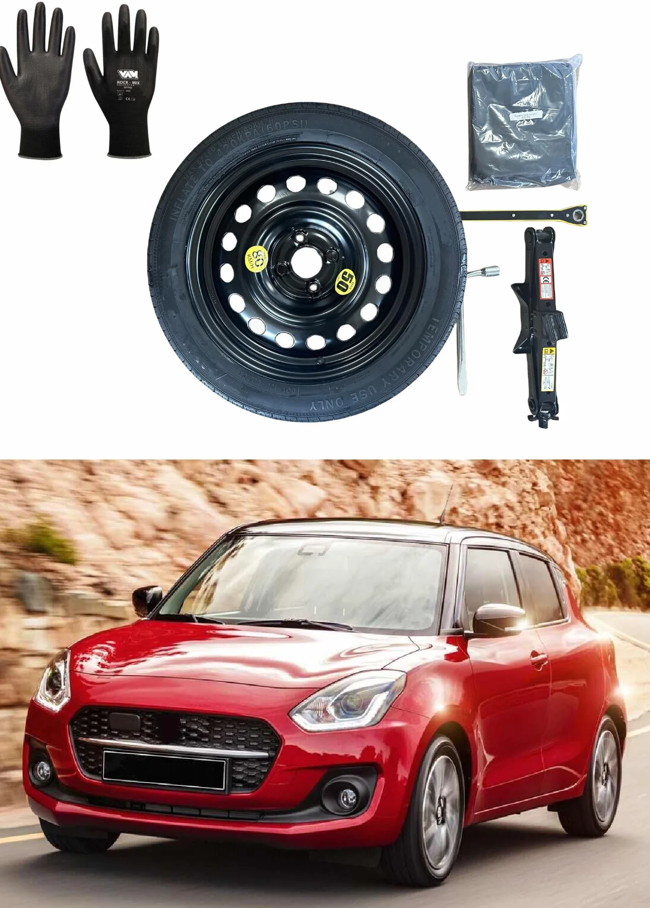 Zestaw Ruotino di Scorta 15" Suzuki Swift Cric Chiave Guanti Sacca