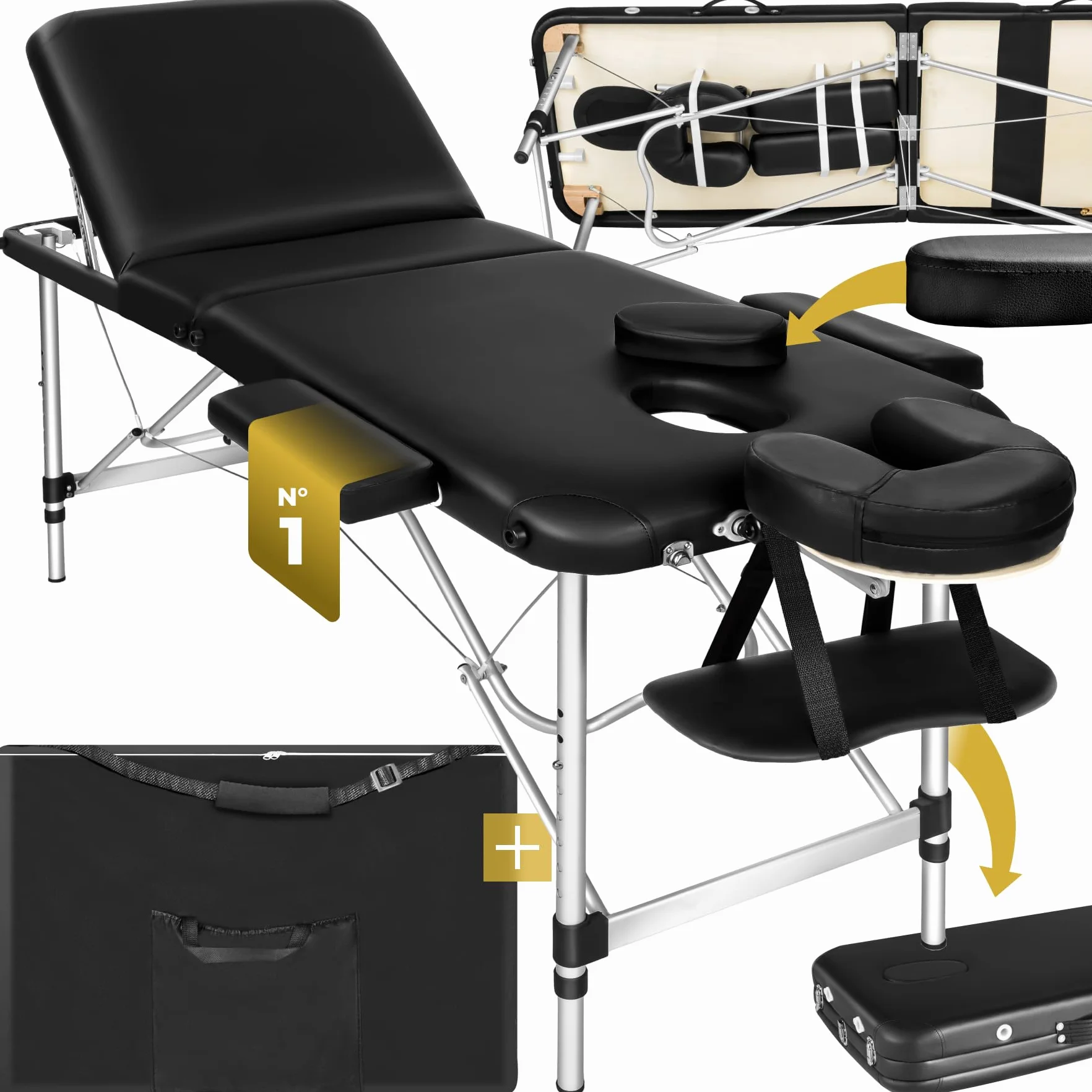 tectake Lettino Massaggio Portatile Pieghevole 3 Zone Professionale con Borsa Trasporto 61 cm Nero