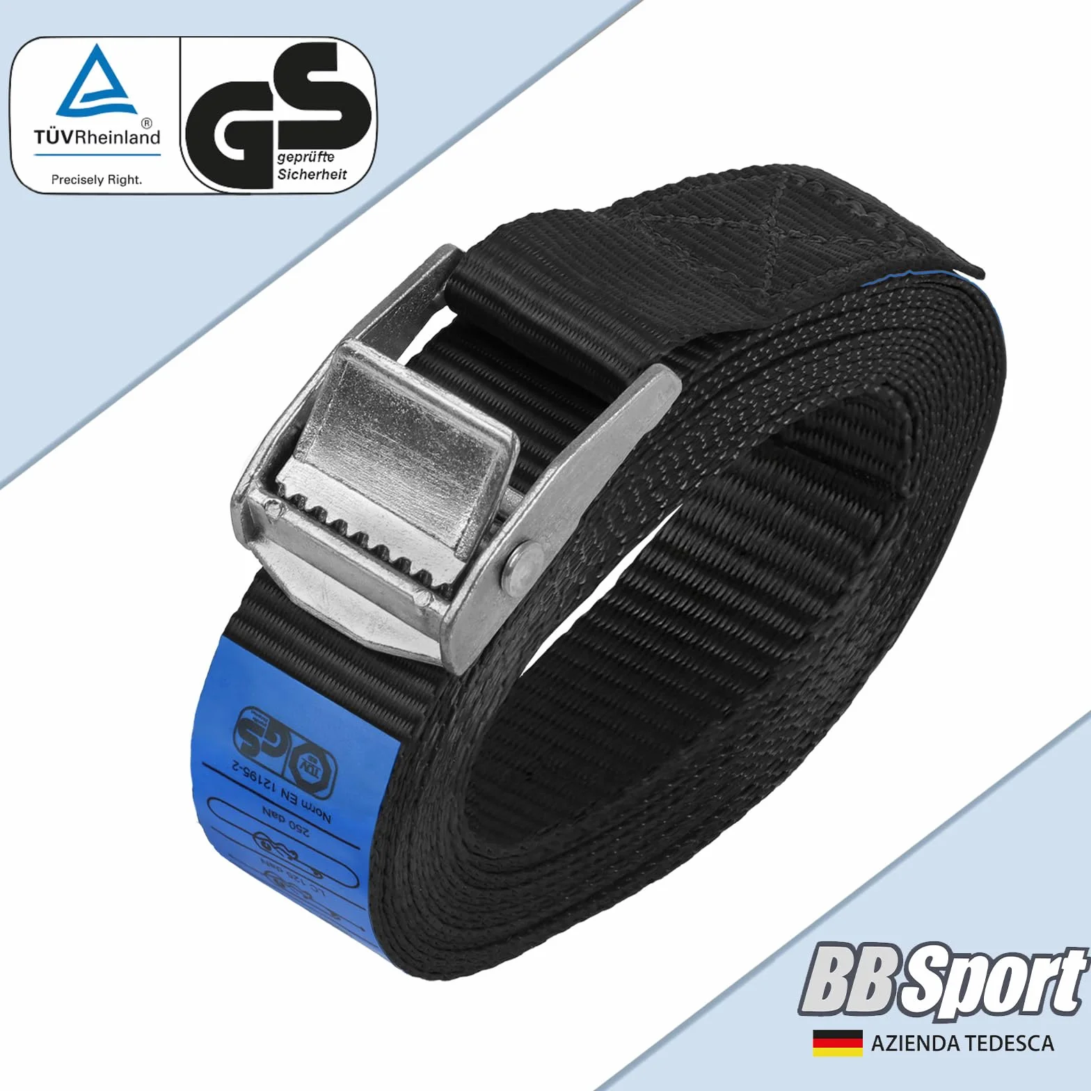 Cinghie di tensione con fibbia 250 kg DIN EN 12195-2 4 pezzi 2.5 cm x 1 m Nero