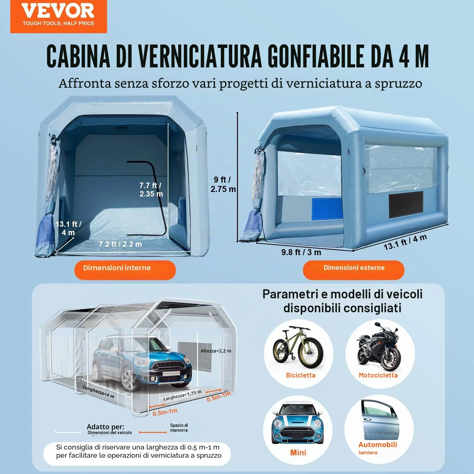VEVOR Cabina di Verniciatura Gonfiabile, Tenda di Verniciatura Gonfiabile Portatile Potente Ventilatore, Sistema di Filtro dell'Aria, Verniciatura per Auto Veicoli e Mobili 4 x 3 x 2,75 m, 750 W