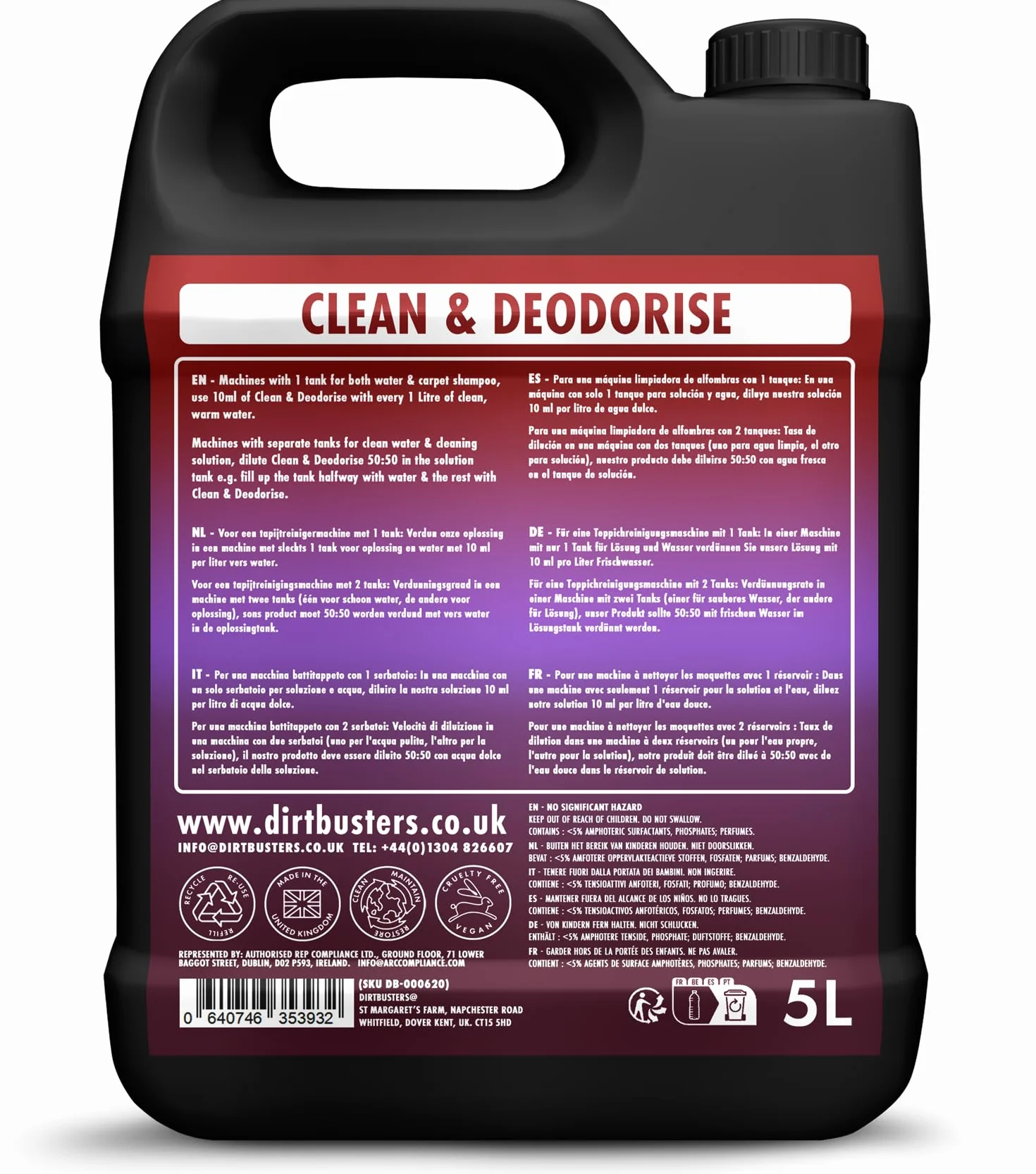 Dirtbusters Clean & Deodorise, prodotto per la pulizia di tappeti e tappezzeria, 3-in-1 concentrato