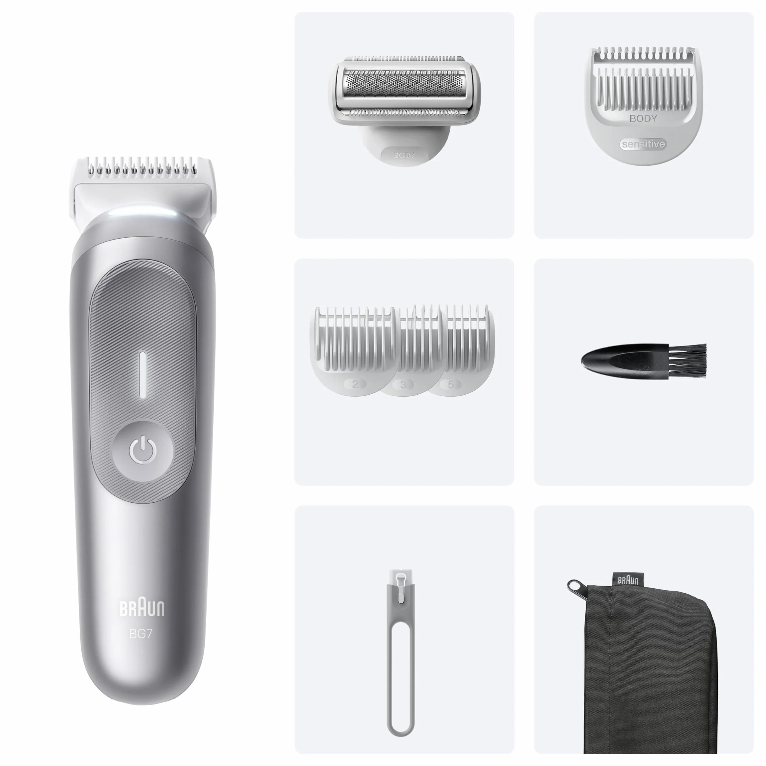 Braun Series 7 Rasoio Elettrico Corpo Uomo, 8 Strumenti Cura Corpo, Smartlight, SkinGuard, 100 Min Utilizzo, Impermeabile, Grigio
