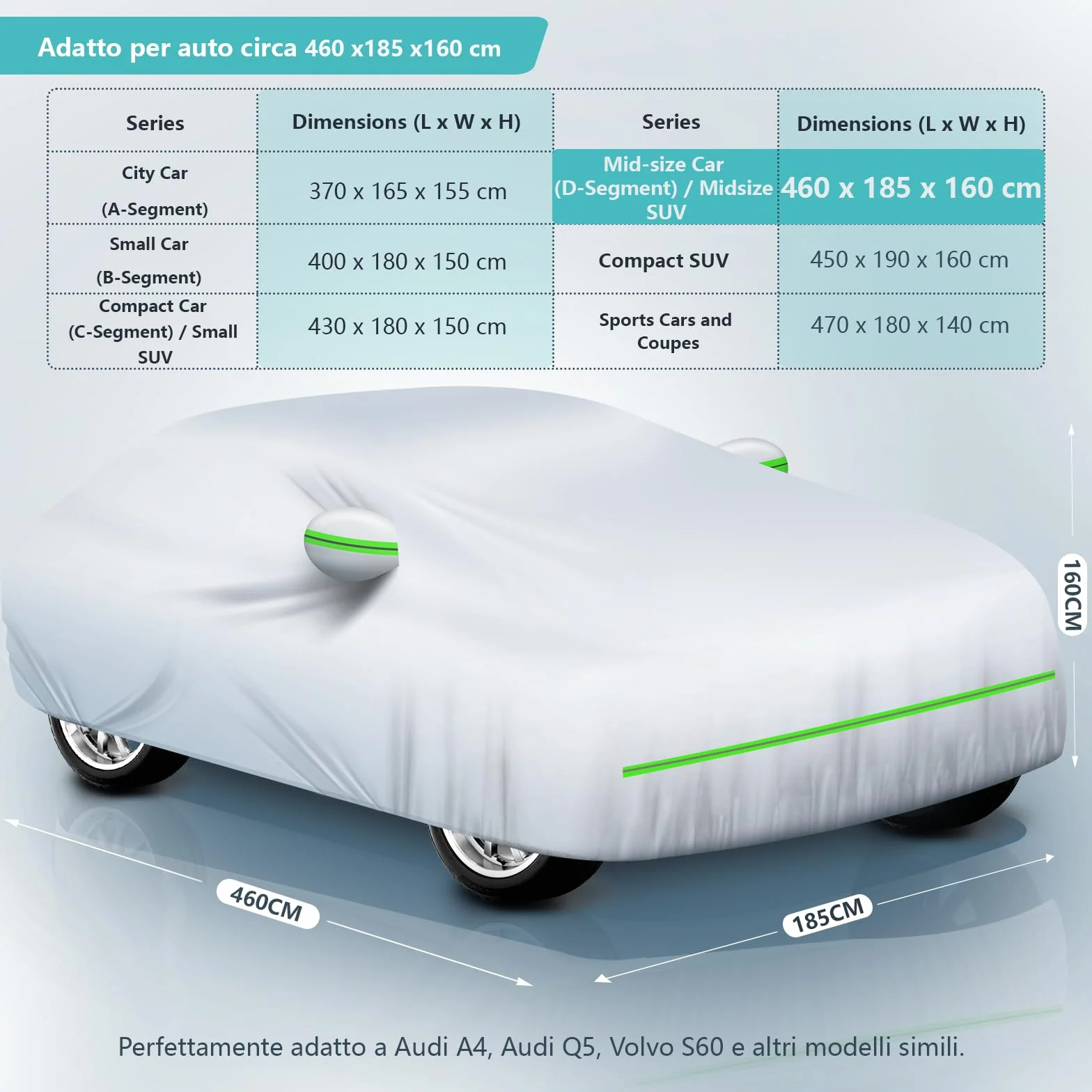Telo Copriauto Impermeabile Anti UV Anti Vento e Antipolvere con Zip Laterale, Telo per Auto 460x185x160 cm Argento per Mid-size Car (Segmento D)