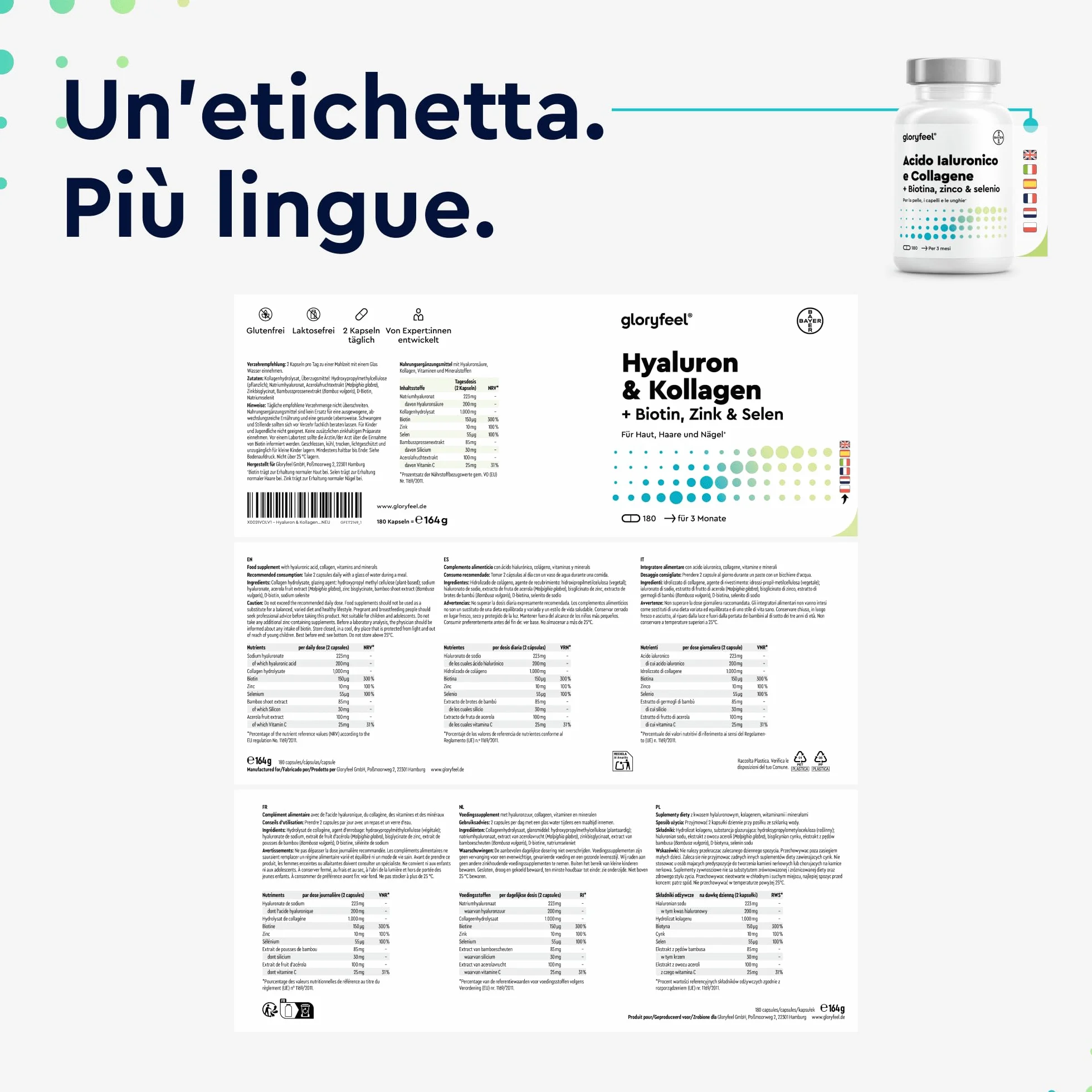 Collagene e Acido Ialuronico Integratore 180 Capsule con Vitamina C, Biotina, Zinco, Selenio 1000mg + 200mg