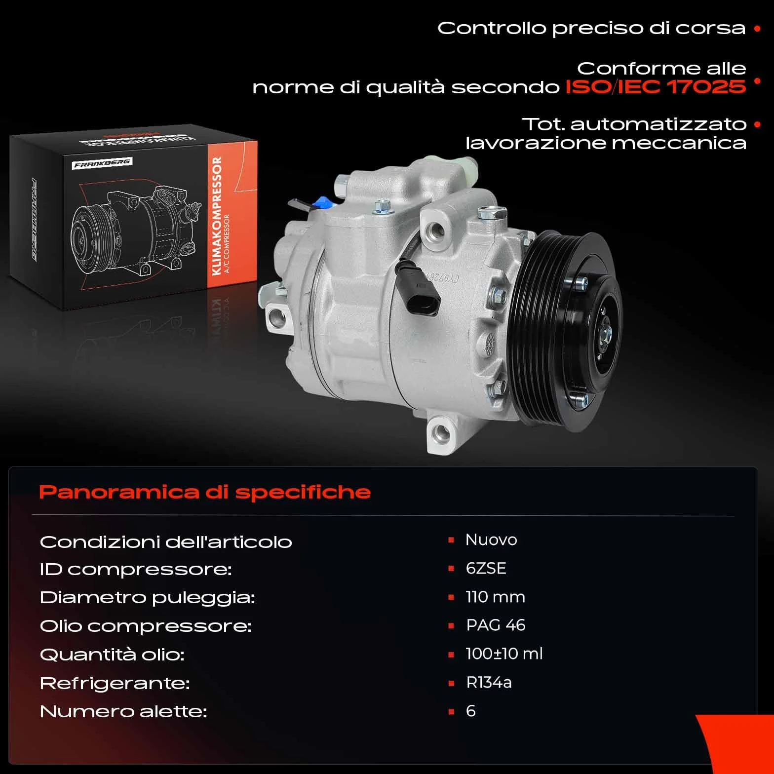 Frankberg Compressore Aria Condizionata Golf IV 1J1 Polo 6C1 6R1 9N Ibiza III 6L1 5J 6Q0820803D