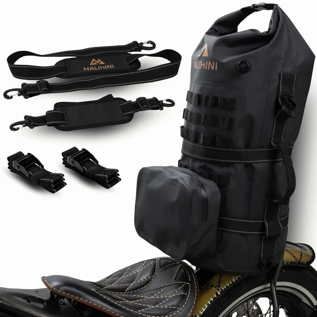 MALIHINI Borsa da moto per sissybar e portapacchi [schienale + MOLLE] 50 l, Dry Bag impermeabile per motociclisti | Sacca e come zaino | Campeggio e borsa da viaggio Bikepacking