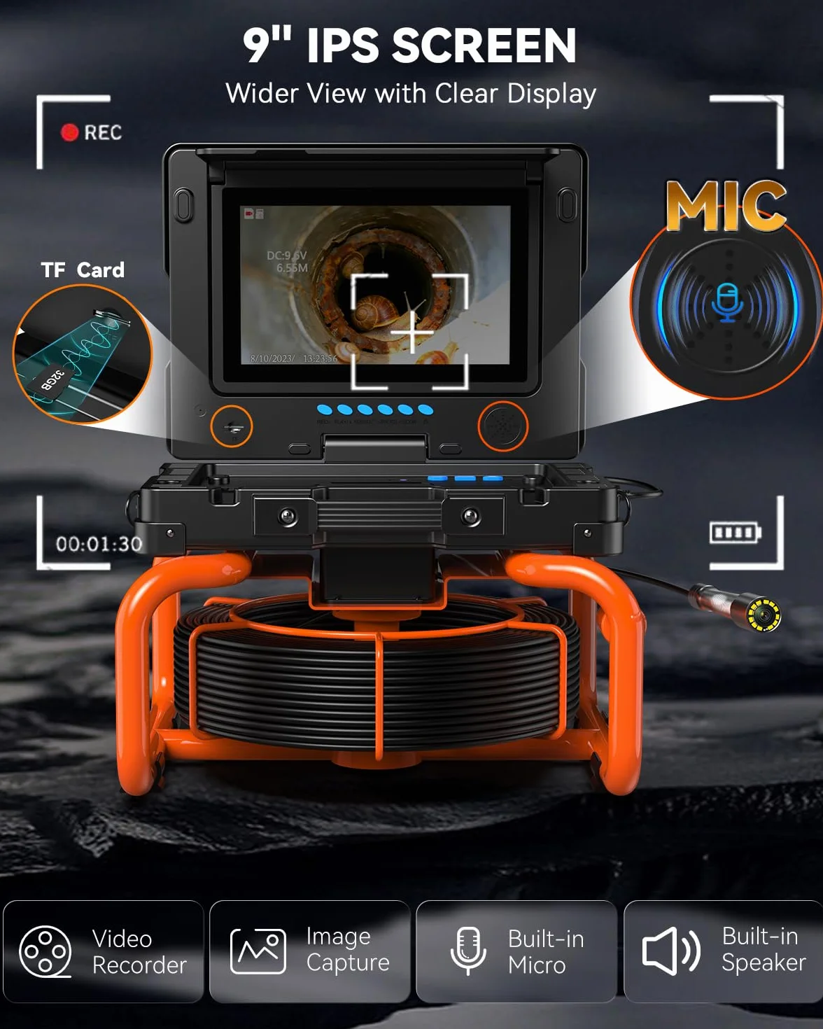 Telecamera Ispezione Tubazioni 9'' HD 1080P Endoscopio con Schermo IPS, Autolivellante, Contatore Distanza, 32 GB