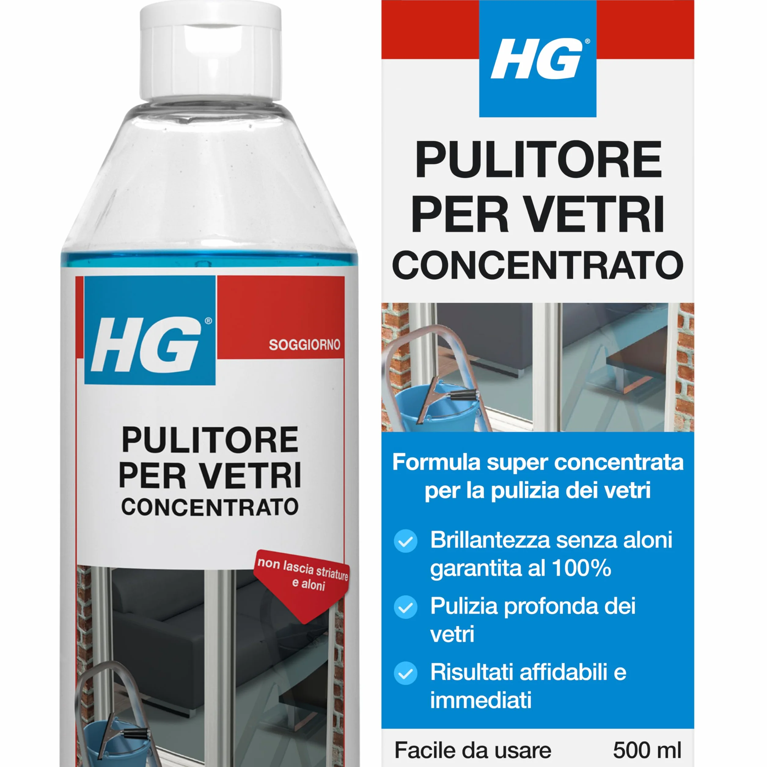 HG Detergente per Vetri Concentrato 500ml Lucentezza Senza Aloni
